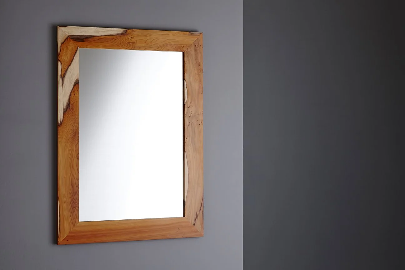 A mirror with a Yew wood frame on a wall with two-tone paint, darker on the right side and lighter on the left side.