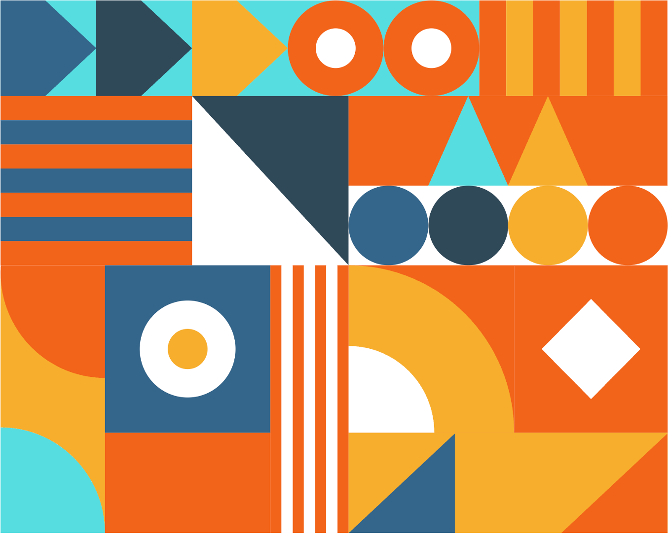 Abstract geometric pattern with squares, circles, triangles, and stripes in shades of orange, yellow, blue, and white.