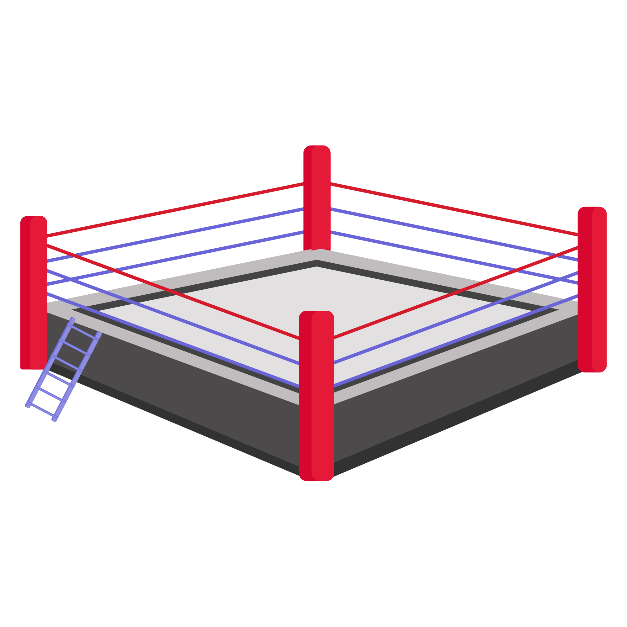 A digital illustration of a boxing ring with red posts and blue ropes, viewed from a corner.