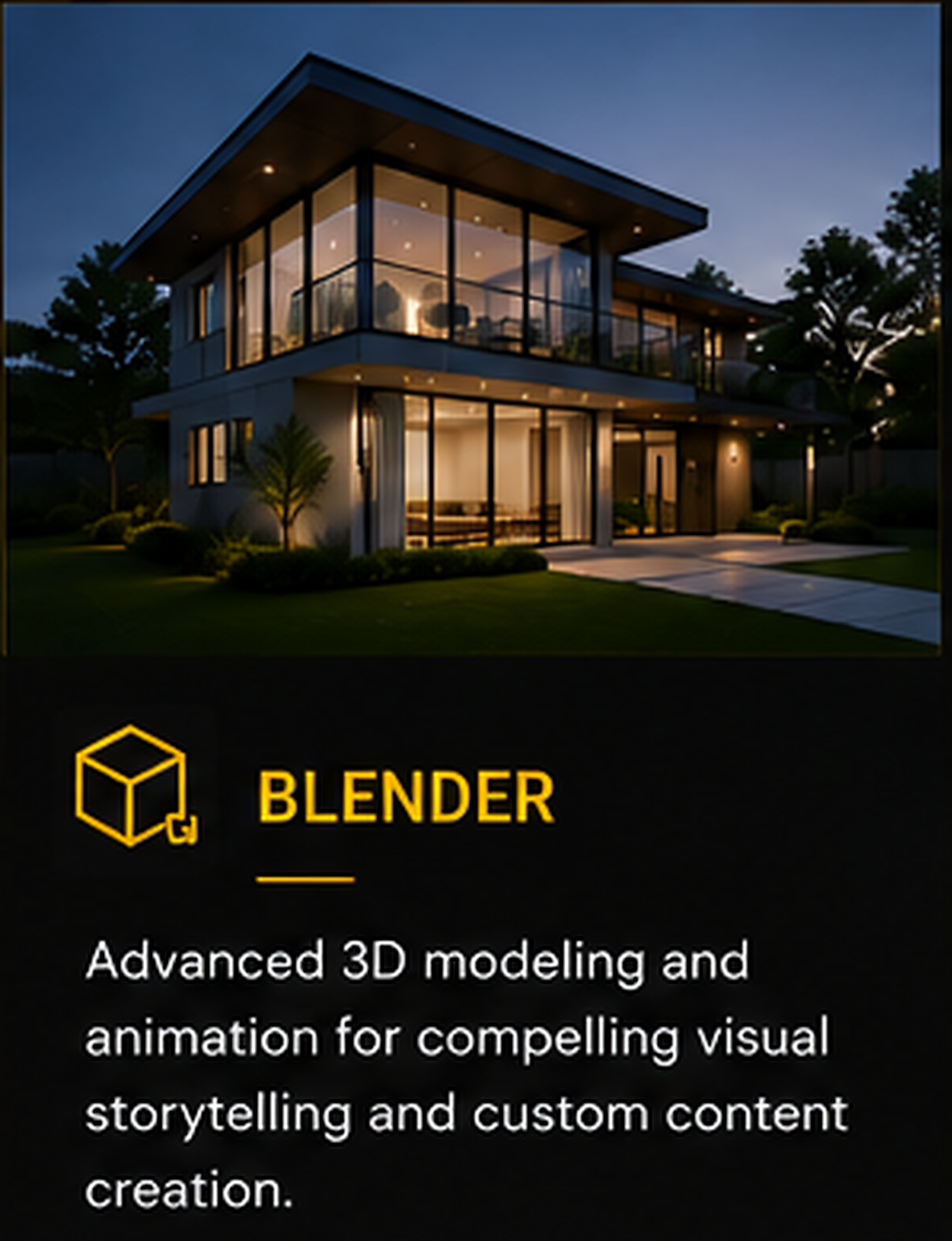 Modern two-story house with large glass windows, illuminated interior, surrounded by greenery, during dusk.