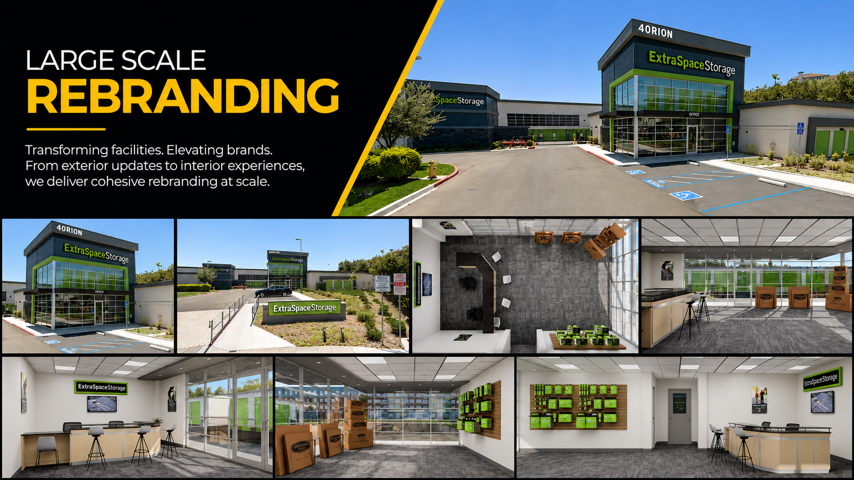 Collage of images showcasing the rebranding of ExtraSpace Storage facility, including exterior photos of the building with green and black branding, parking lot with designated spots, and interior shots of the lobby, office, and storage unit areas.