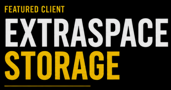 Bold text on black background that reads 'FEATURED CLIENT EXTRASPACE STORAGE' in yellow and white font.