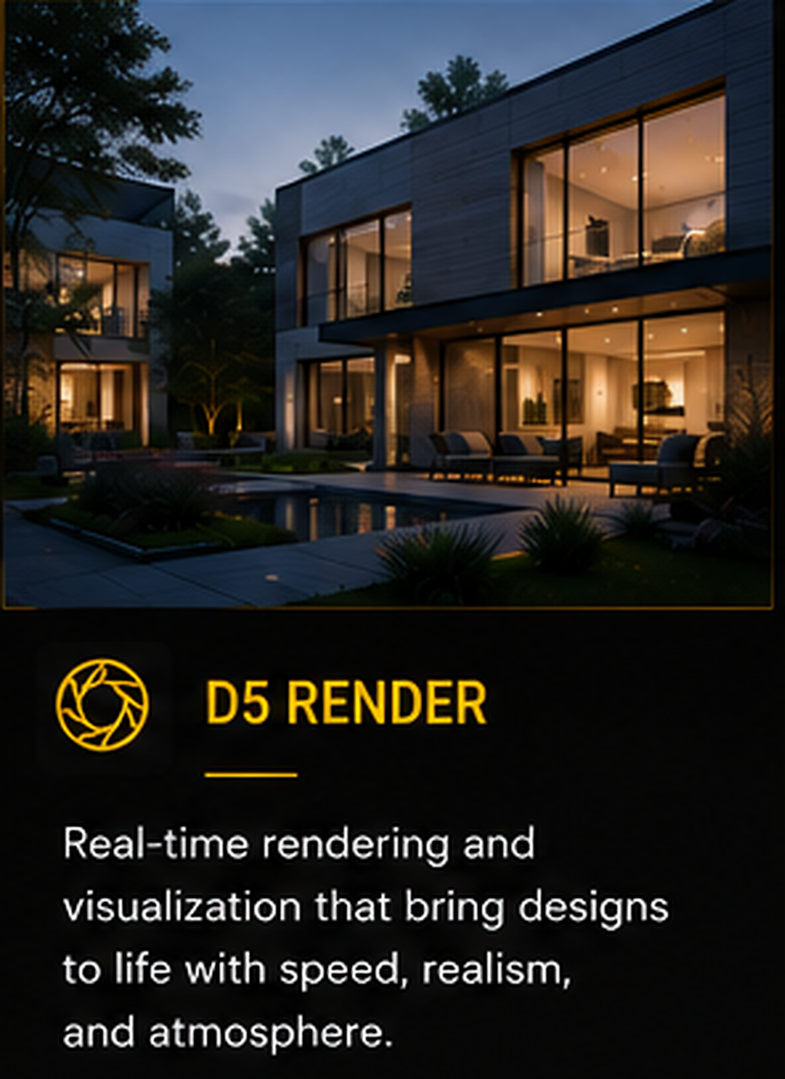 Nighttime view of modern two-story house with large glass windows and interior lighting, surrounded by trees.