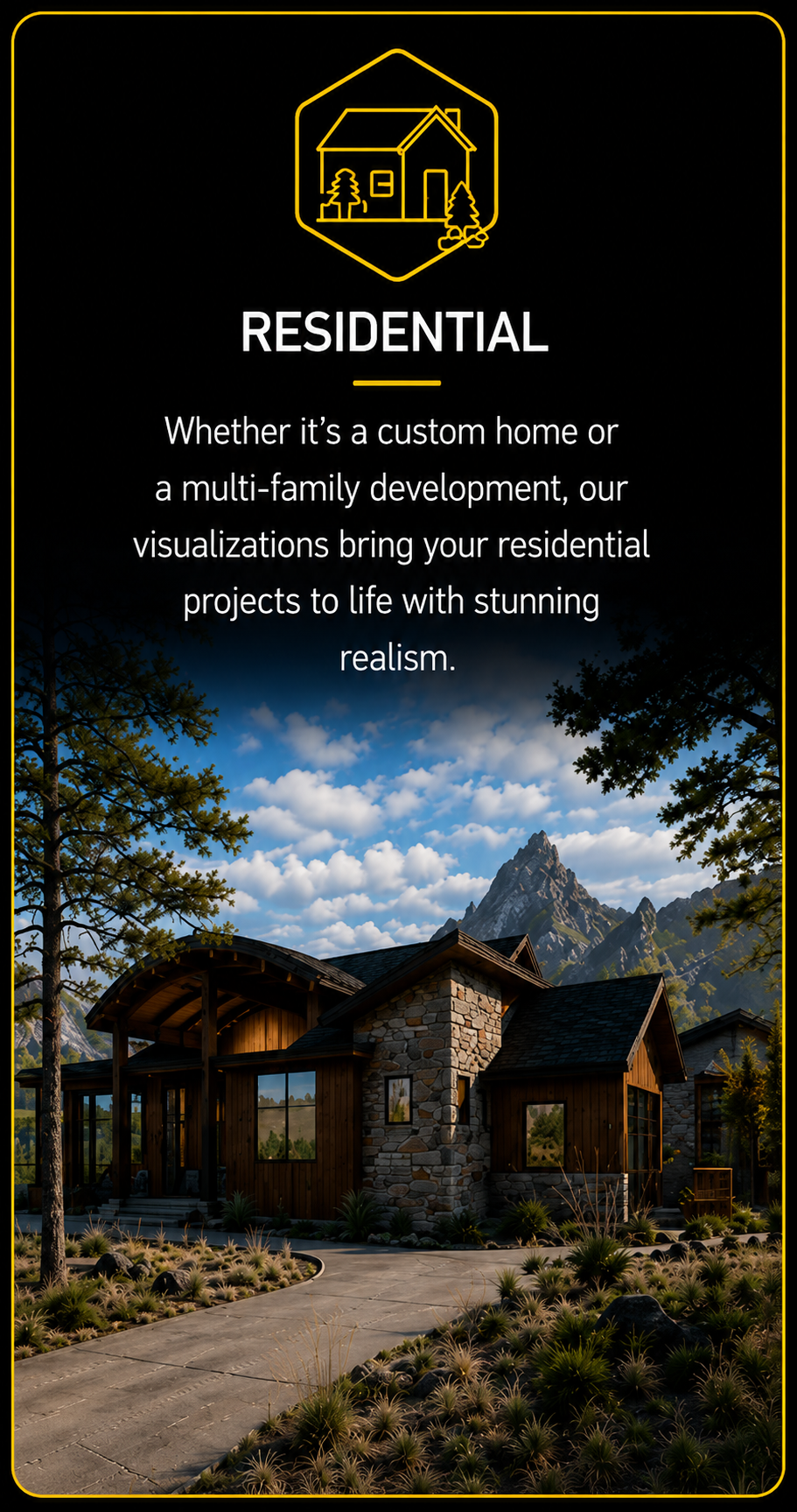 Image of a modern house with stone and wood exterior, set against a mountain landscape with trees and a partly cloudy sky.