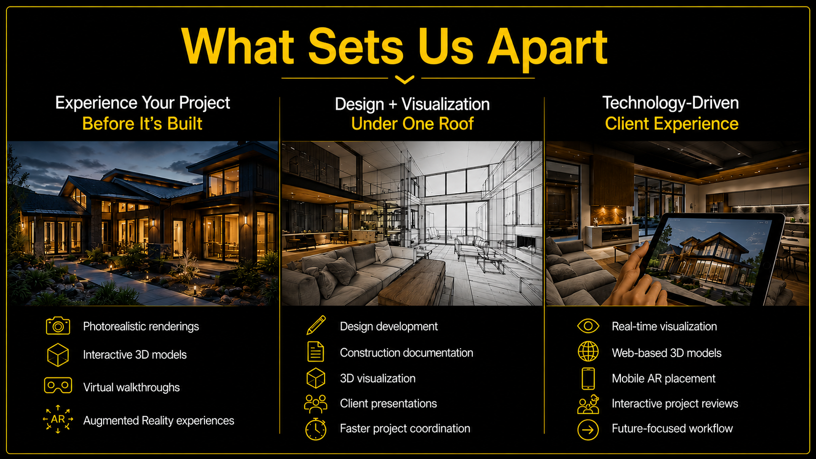 A digital infographic titled "What Sets Us Apart" with three sections, each comparing different stages of a building project. The first section shows a photo of a lit modern house at dusk with bullet points about photorealistic renderings, interactive 3D models, virtual walkthroughs, and augmented reality experiences. The second section contains a black-and-white sketch of an interior with bullets about design development, construction documentation, 3D visualization, client presentations, and faster project coordination. The third section features an interior photo of a modern home with a person holding a tablet displaying a house image, with bullets about real-time visualization, web-based 3D models, mobile AR placement, interactive project reviews, and future-focused workflow.