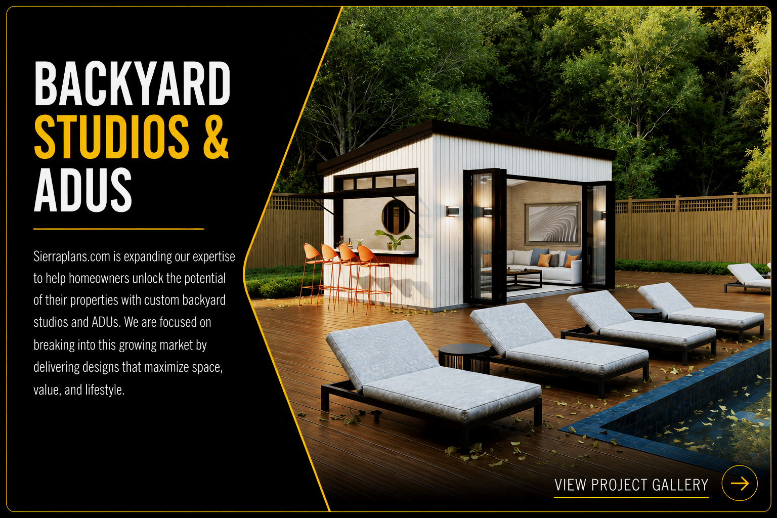 A modern backyard with a small white ADU, outdoor seating area with lounge chairs, a small pool, and a wooden deck, surrounded by trees and a wooden fence.