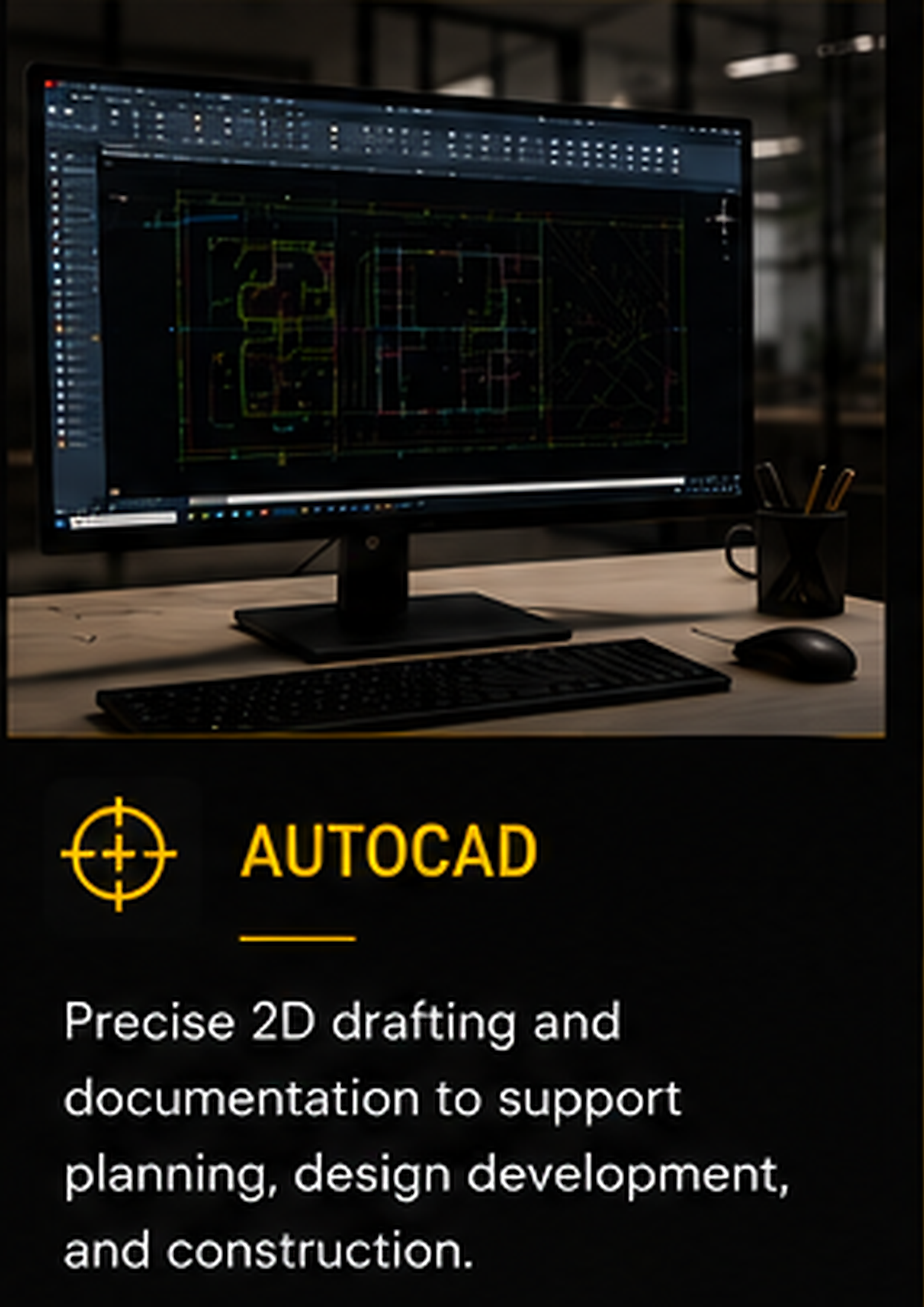 Computer monitor displaying technical CAD drawings in a workspace, with a keyboard and mouse on the desk, and a mug with pens next to it.