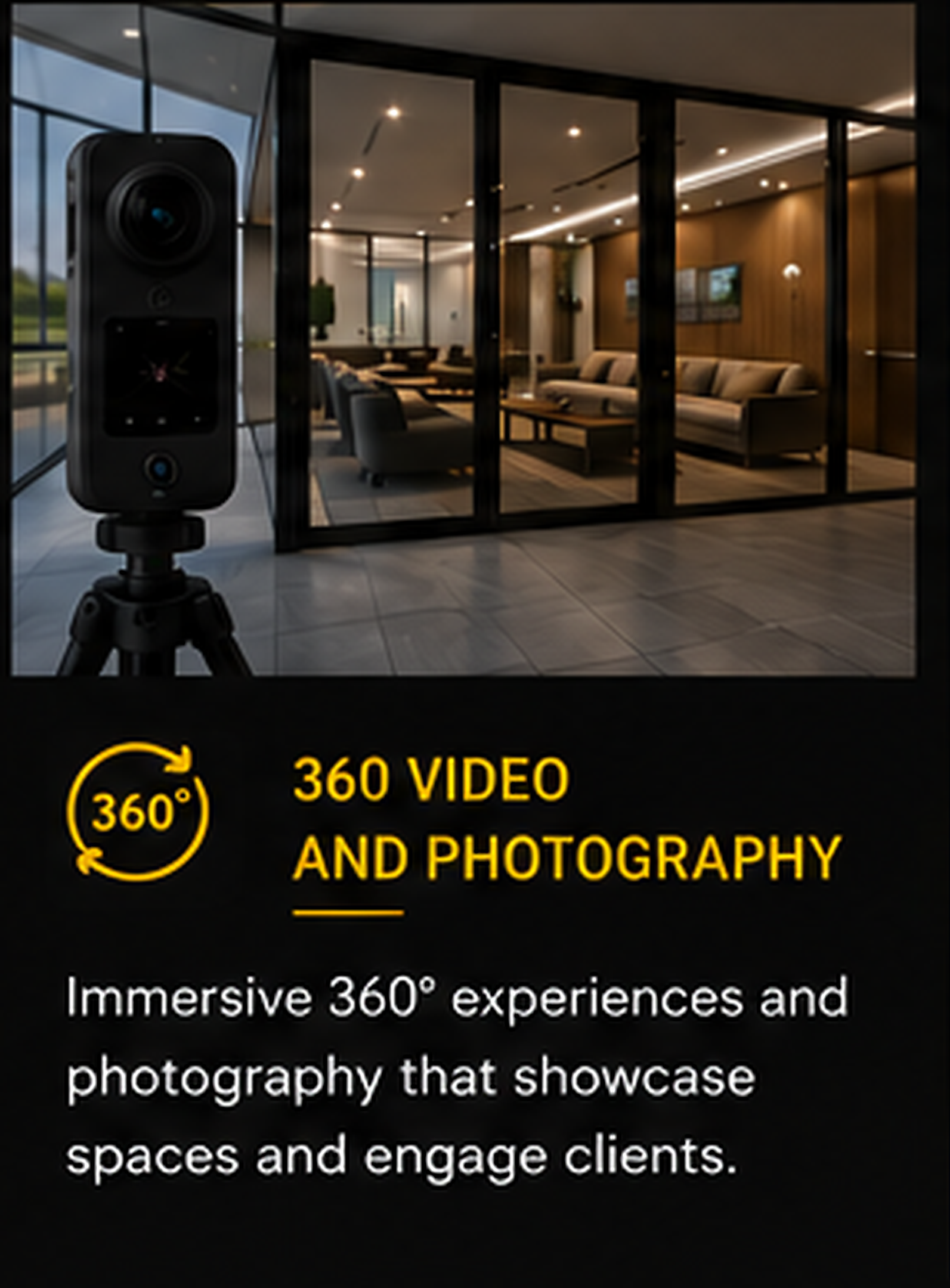 A modern office lobby or lounge area with glass walls, comfortable seating, and warm lighting.