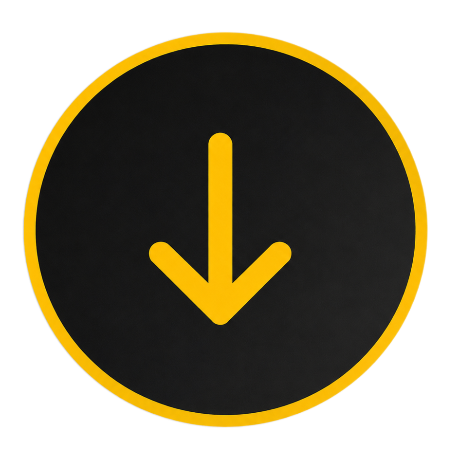 A circular sign with a black background and yellow border, featuring a yellow downward arrow in the center.