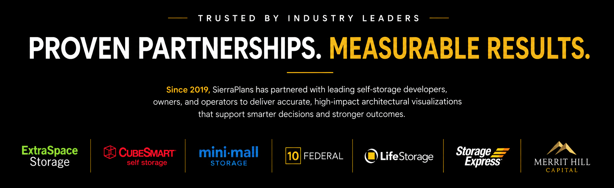 Header image with text reading 'Trusted by Industry Leaders Proven Partnerships. Measurable Results.' Below, a paragraph states: 'Since 2019, SierraPlans has partnered with leading self-storage developers, owners, and operators to deliver accurate, high-impact architectural visualizations that support smarter decisions and stronger outcomes.' Logos of various companies are displayed, including ExtraSpace Storage, CubeSmart, mini.mall, Federal, Life Storage, Storage Express, and Merritt Hill Capital.
