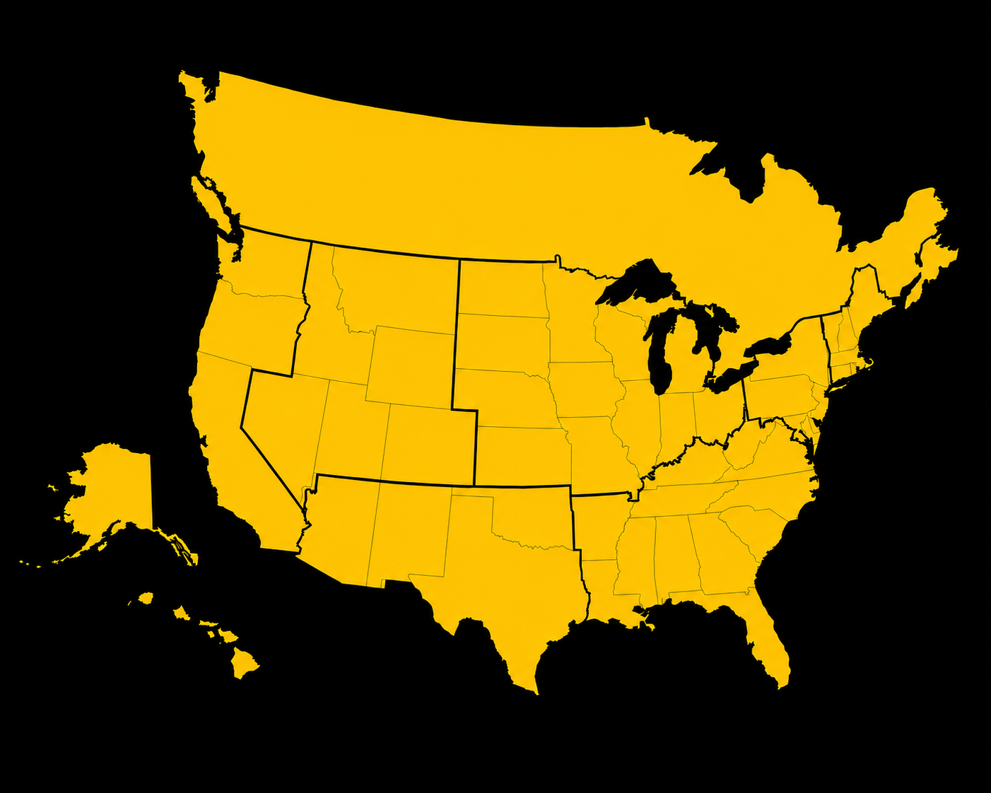 Map of the United States with states highlighted in yellow on a black background.