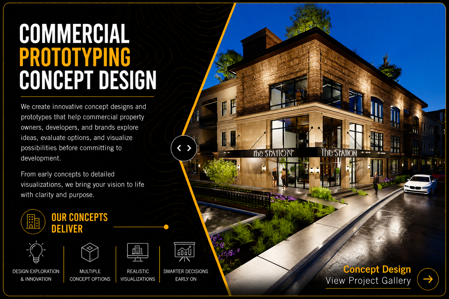 A promotional layout for commercial prototyping and concept design services featuring a modern multi-story building with illuminated signage, parks, and people walking on a wet street at night.