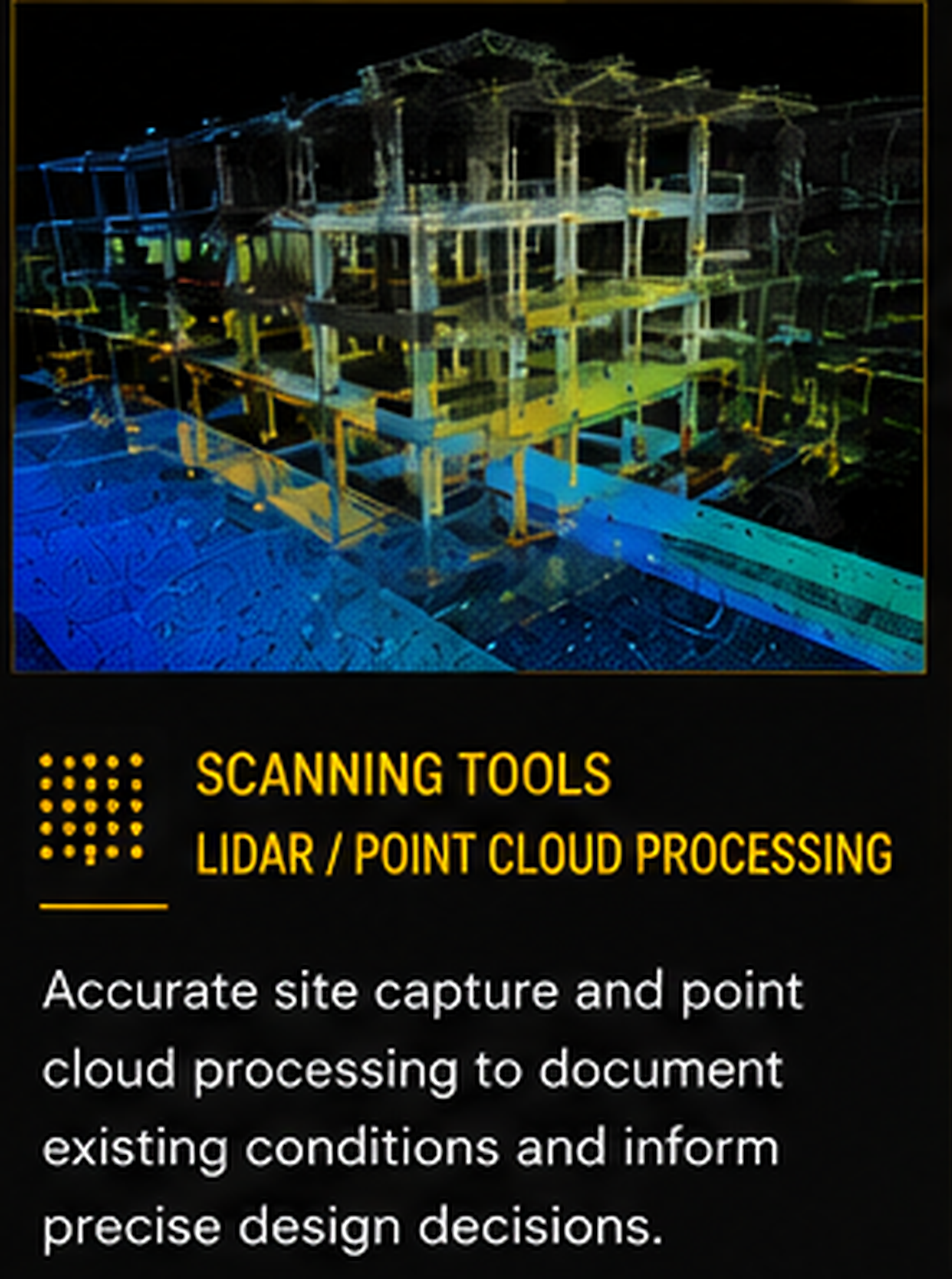 A digital display showing a 3D laser scan of a building's structure, with the heading 'SCANNING TO CLOUD' and subheading 'LIDAR / POINT CLOUD PROCESSING', and text explaining the process of capturing and processing site data for accurate design decisions.