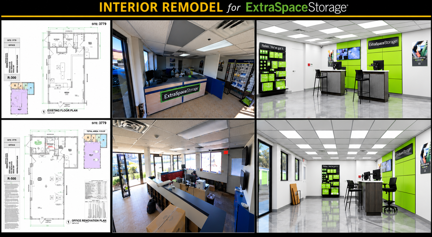 A collage showing plans and photos of an interior office remodel for Extra Space Storage. The top row has the existing floor plan, reception area, and a green wall with computers. The bottom row shows the renovated floor plan, a newly furnished reception area, and a refreshed workspace with a white wall and green accents.