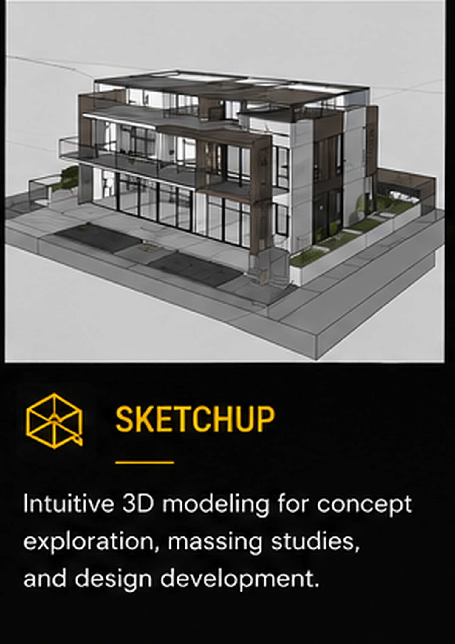 3D model of a modern multi-story building with glass walls and balconies, with a landscaping area around it. The image is part of a SketChip presentation about innovative 3D modeling for concept exploration and design development.