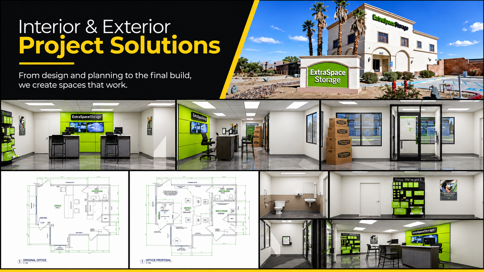 A collage of images showcasing a commercial storage facility development. The top image shows the exterior of the building with palm trees, a sign reading 'ExtraSpace Storage,' and a partly cloudy sky. The middle images display the interior reception area with bright green accents, front desks, and stacking boxes. The bottom images contain architectural floor plans, restroom, hallway, and other interior spaces of the storage facility.
