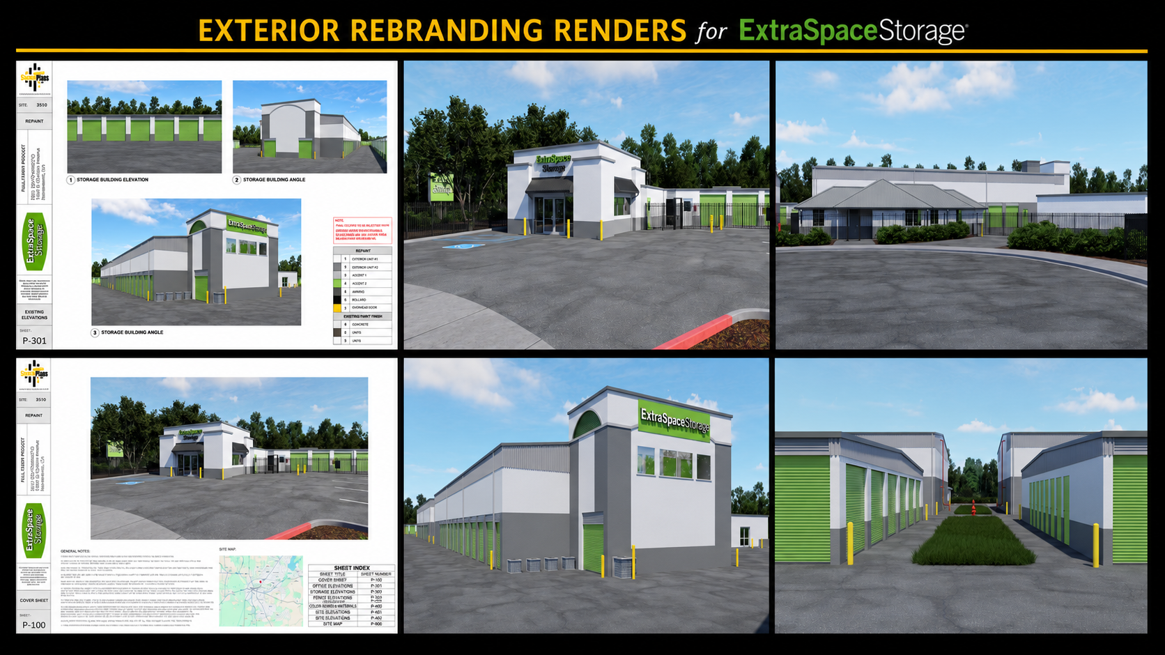 Design renderings of Exterior Space Storage facility including views of the main entrance, storage building angles, and surrounding areas with green storage units, a security gate, parking lot, and landscaping.