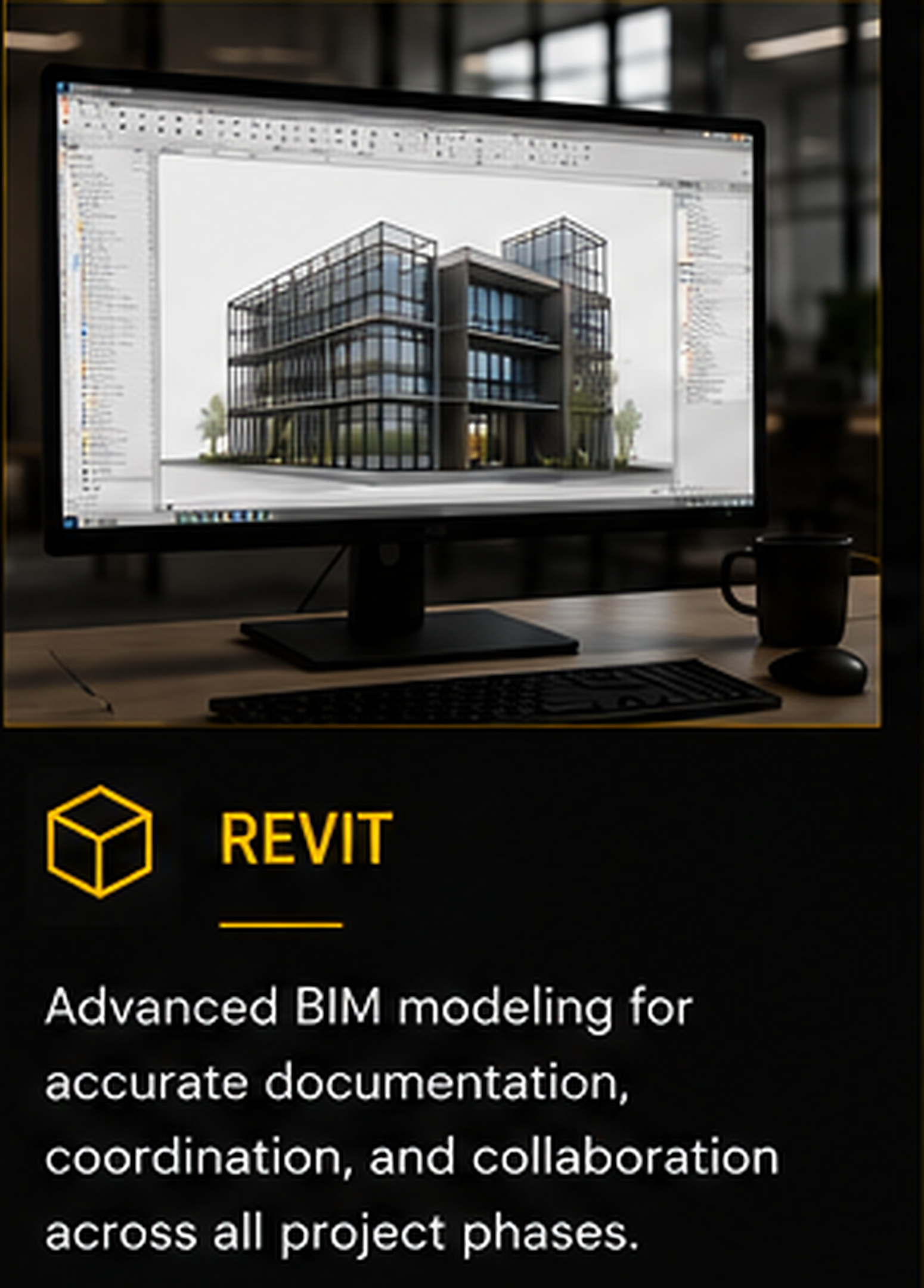 A computer monitor displaying a 3D architectural model of a modern building with glass walls and multiple floors, in a workspace with a black Revit logo and subtitle about advanced BIM modeling.
