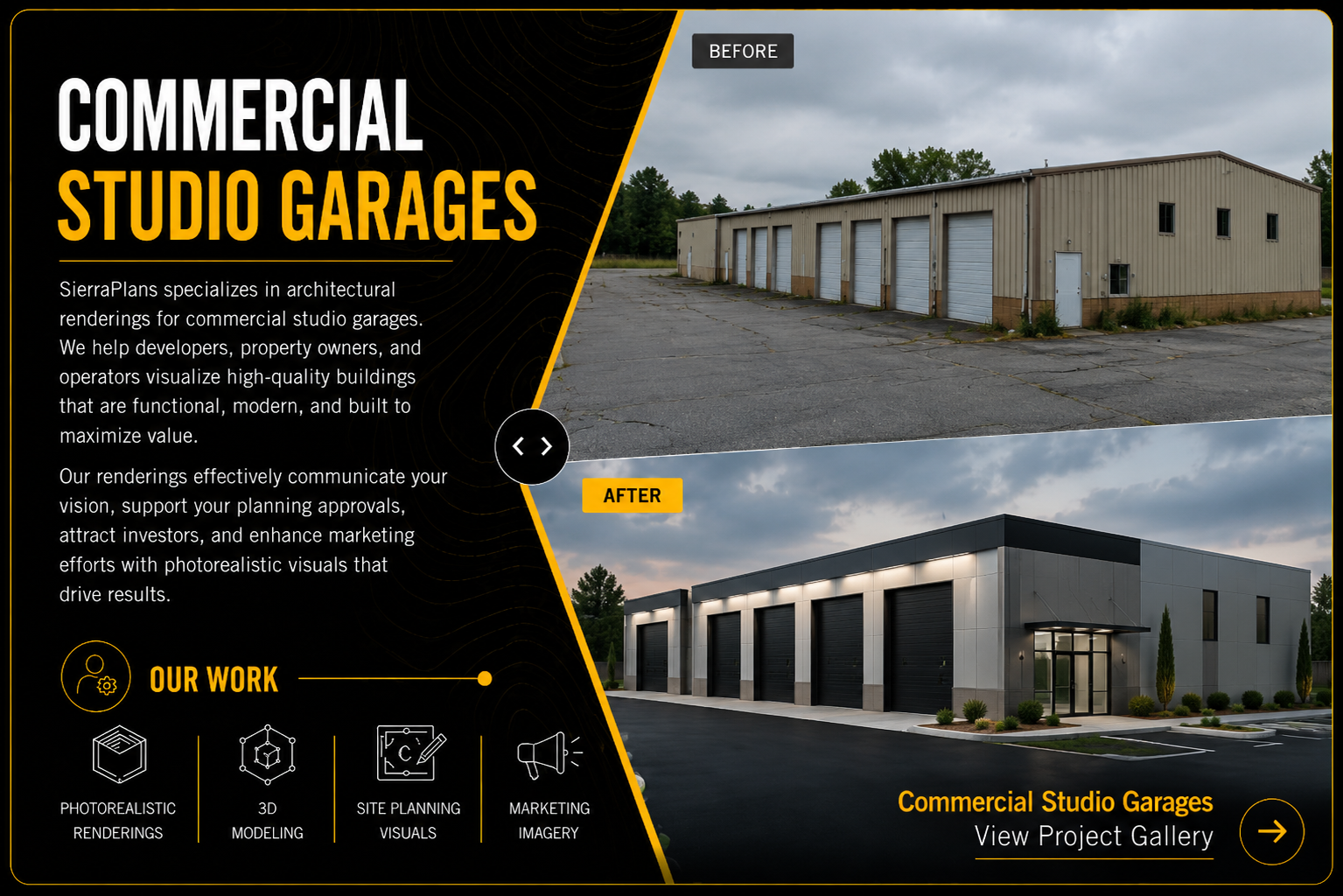 Before and after images of a commercial studio garage project showing an old, beige metal garage building on the top and a modern, finished garage building on the bottom. The left side is a graphic design layout with text describing services for architectural renderings and project gallery.