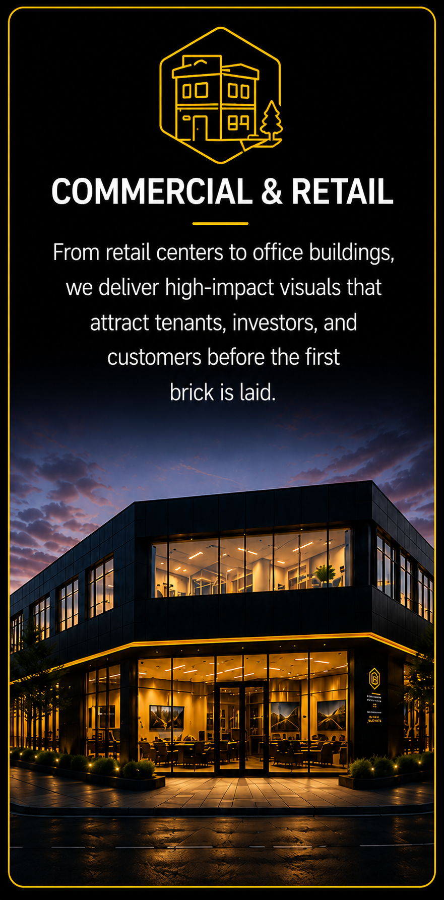 Photo of a modern two-story commercial building at dusk with large glass windows and interior lighting, surrounded by a sidewalk and small bushes.