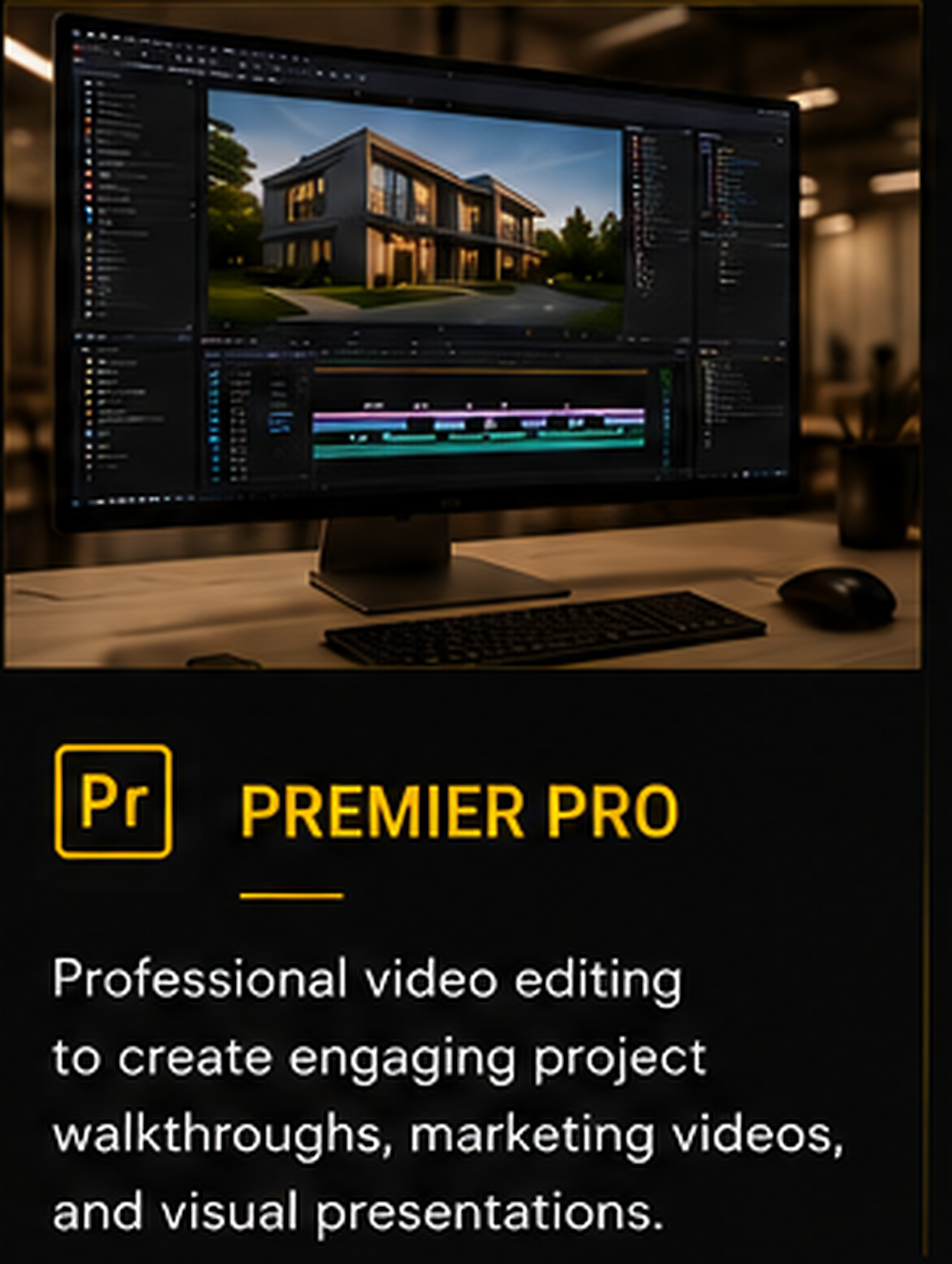 Computer monitor displaying video editing software with a house image on the screen and the text 'PREMIER PRO' on the desk below.