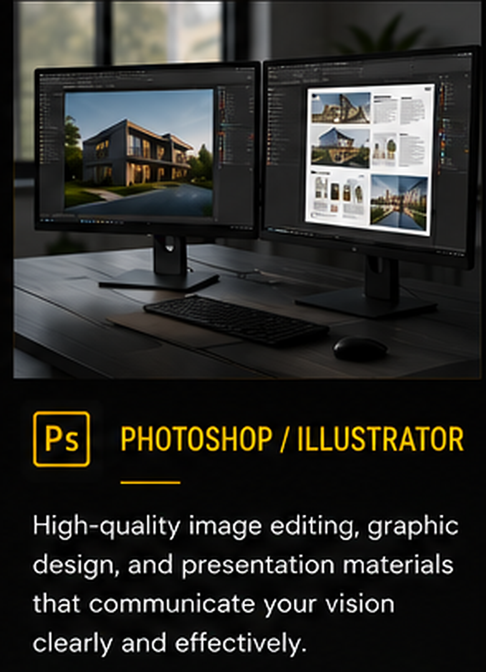 Dual computer monitors on a desk displaying architectural design images, with a keyboard and mouse in front. The image promotes high-quality photo editing and graphic design software.