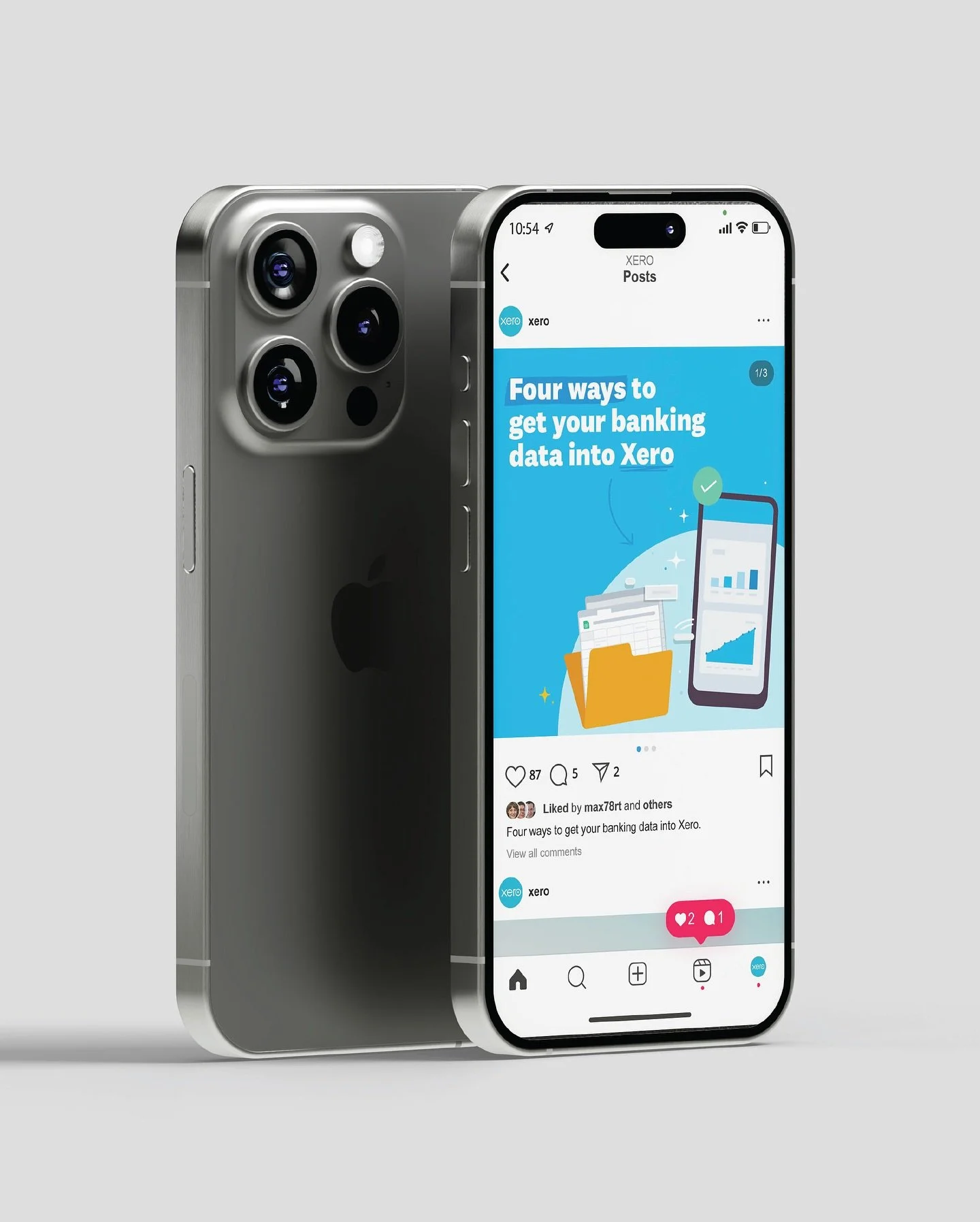 A silver smartphone showing a social media post about getting banking data into Xero, with a partially visible iPhone back view featuring triple camera lenses, a flash, showing social media management.