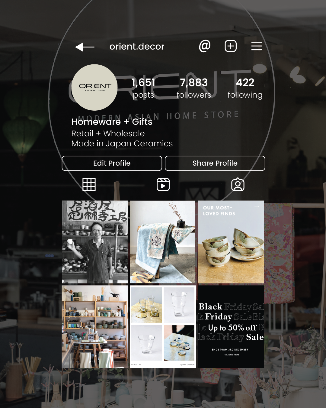 Instagram profile of orient.decor, a store selling homeware and gifts made in Japan ceramics, with 1,651 posts, 7,883 followers, and 422 following. Profile shows a grid of photos featuring ceramics, textiles, and a person smiling in a shop. Advertisement for a Black Friday sale offering up to 50% off ending December 3rd.