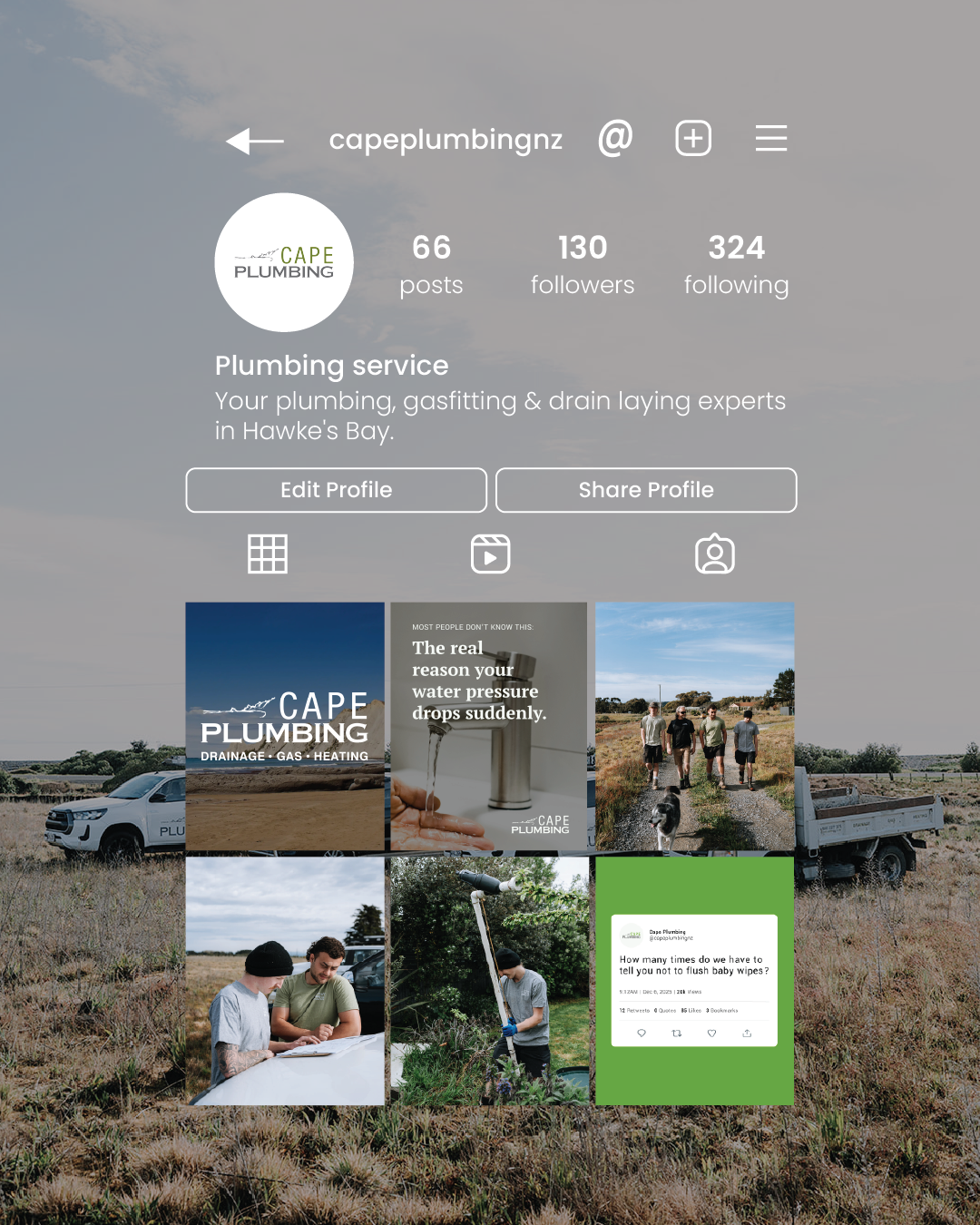 Instagram profile page of Cape Plumbing with 66 posts, 130 followers, and following 324. Profile description: Plumbing service in Hawke's Bay. The grid displays various images including a white pickup truck, promotional graphics, a group of people walking, and workers outdoors.