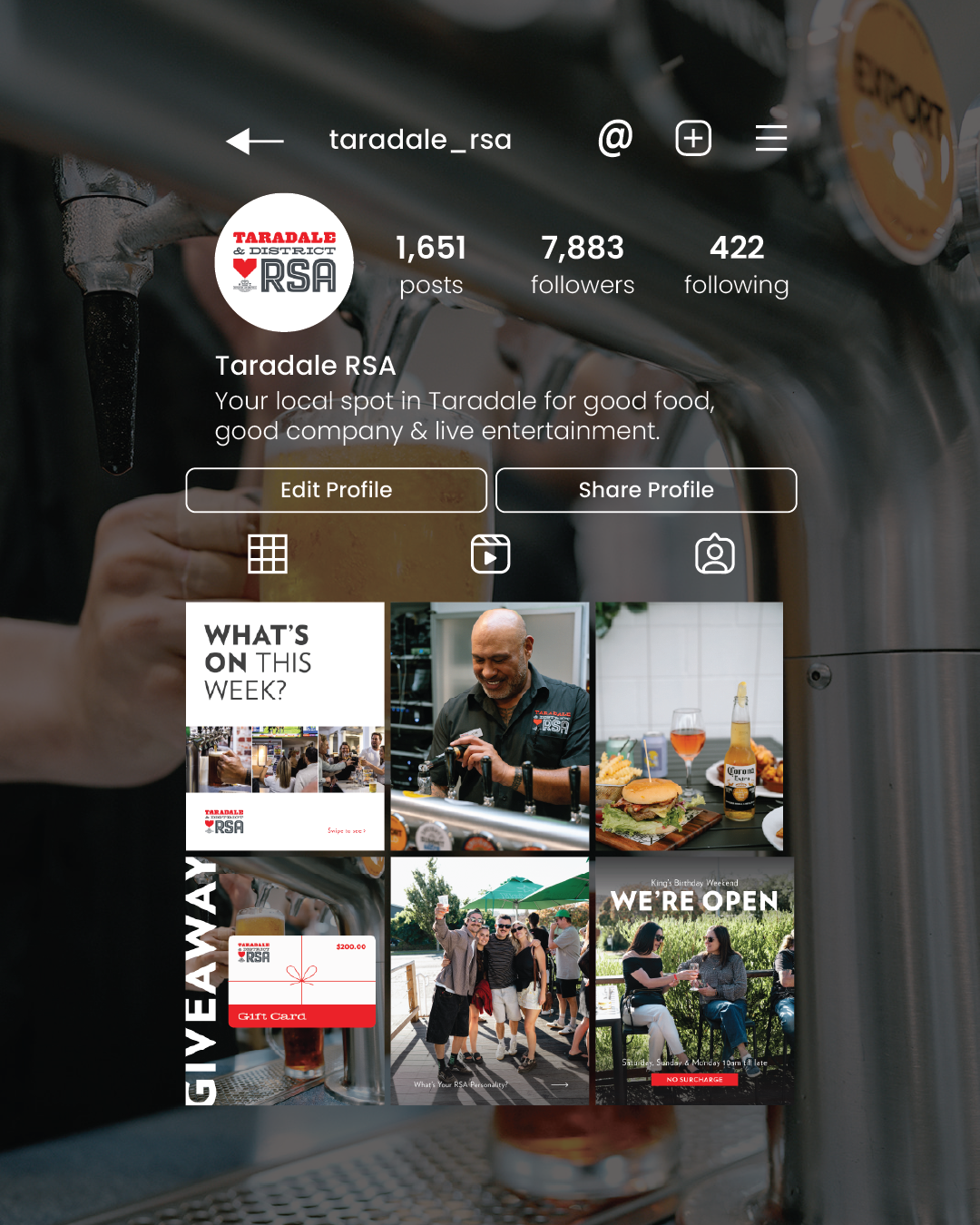 Instagram profile page of Taradale RSA featuring photos of social gatherings, food, drinks, and events, with options to edit or share the profile.