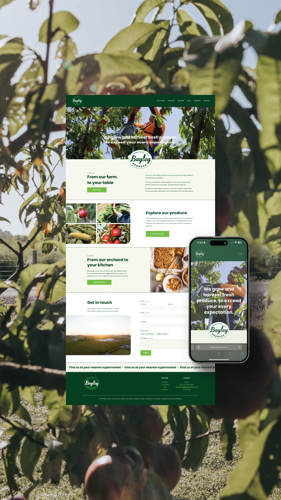 Website and mobile view of Bayley Produce, an orchard farm, with images of apples, corn, and other fresh produce, set against an apple orchard background.