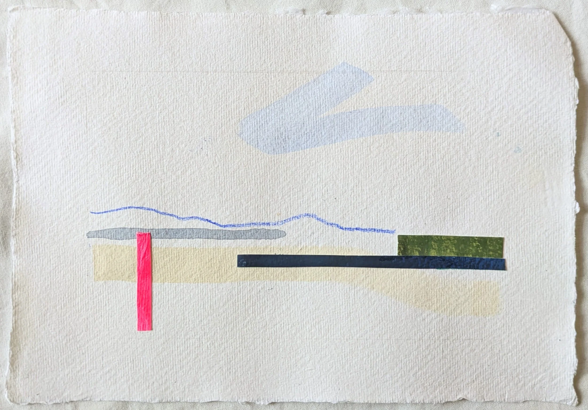 Abstract painting with miced media collage on textured paper with coloured lines and shapes, including a pink vertical line, a green rectangle, a dark blue line, and a grey shape. Bellerive Beach Tasmania