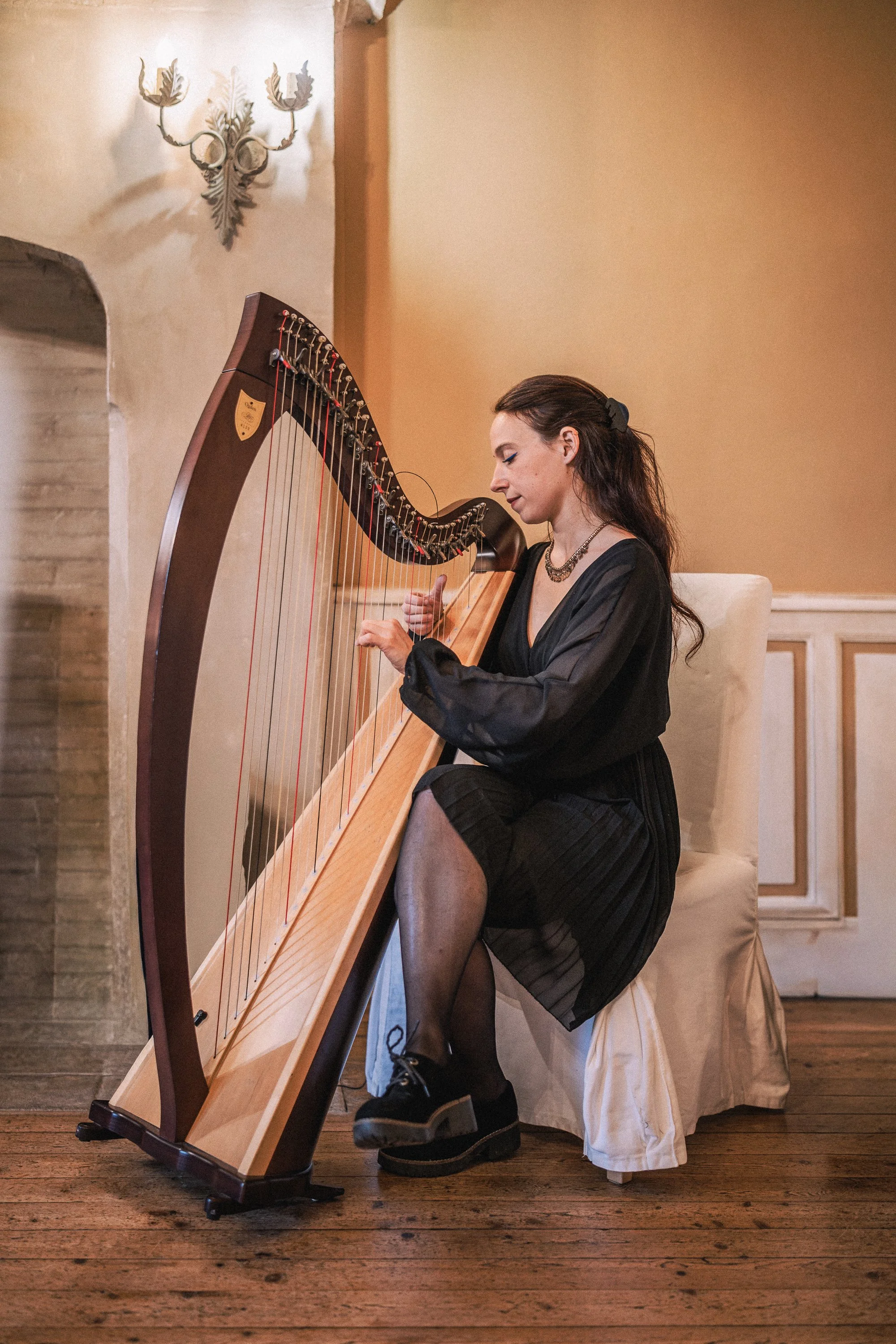 Portrait à la harpe celtique d'Elise Esther en performance. Photo de Tristan Camilleri