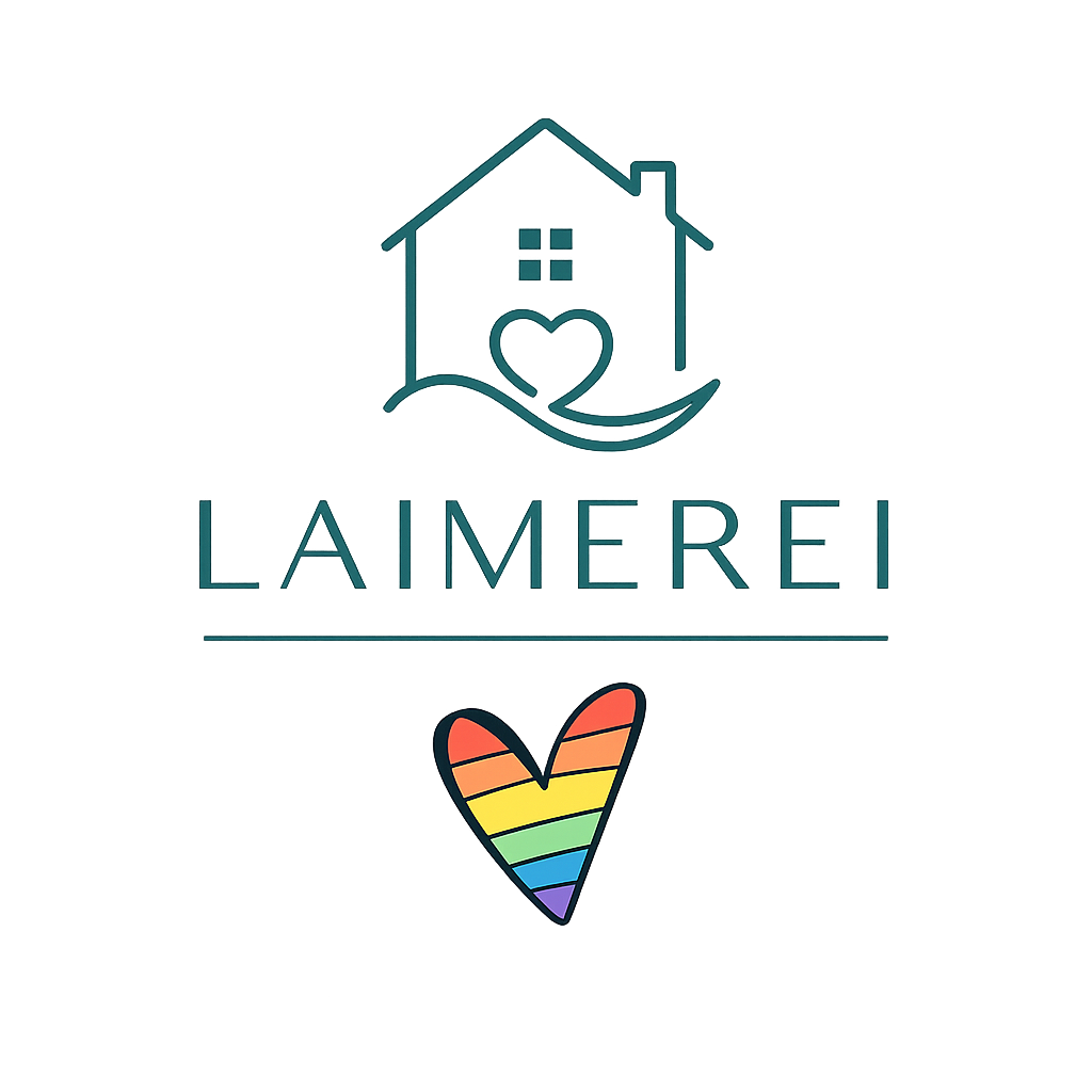 Grafik mit einem Haus, einem Herz, dem Wort "Lameri" und einem bunten Regenbogenherz