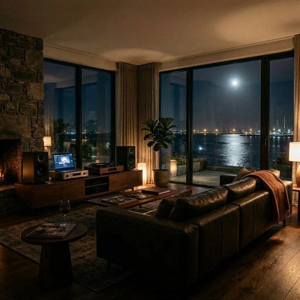A cozy living room at night with a large window overlooking a moonlit water scene and sailboats. The room has a leather sofa, a coffee table with magazines, a wooden media console with audio equipment, a potted plant, and warm lighting.
