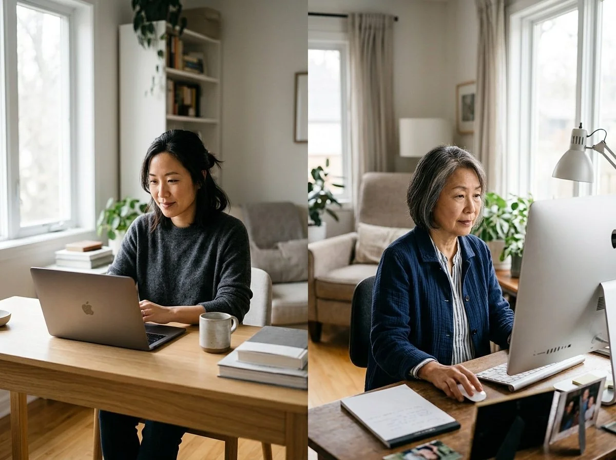 a woman and her daughter sit at computers during an online medicare plan review with Kidwell Insurance Agency.