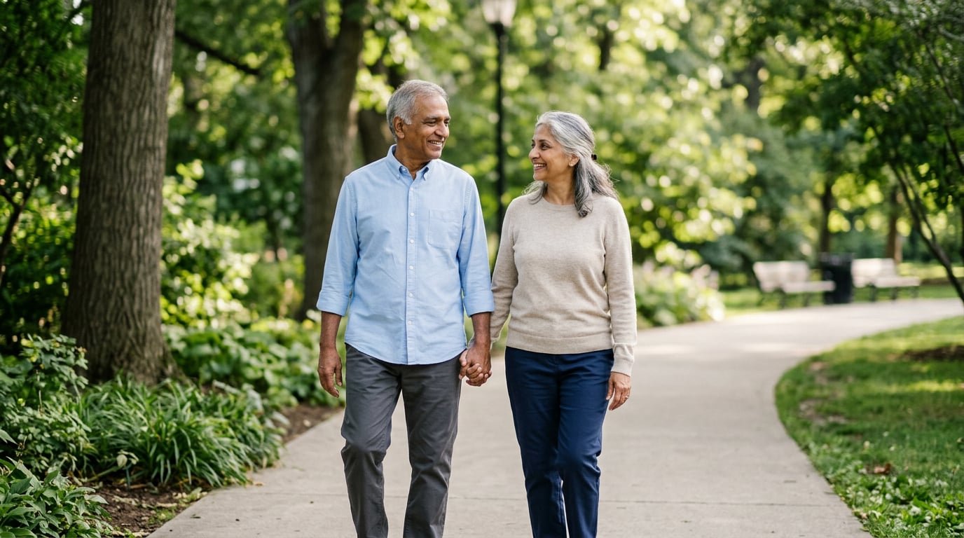 A couple walking in a park talking about enrolling in Medicare.