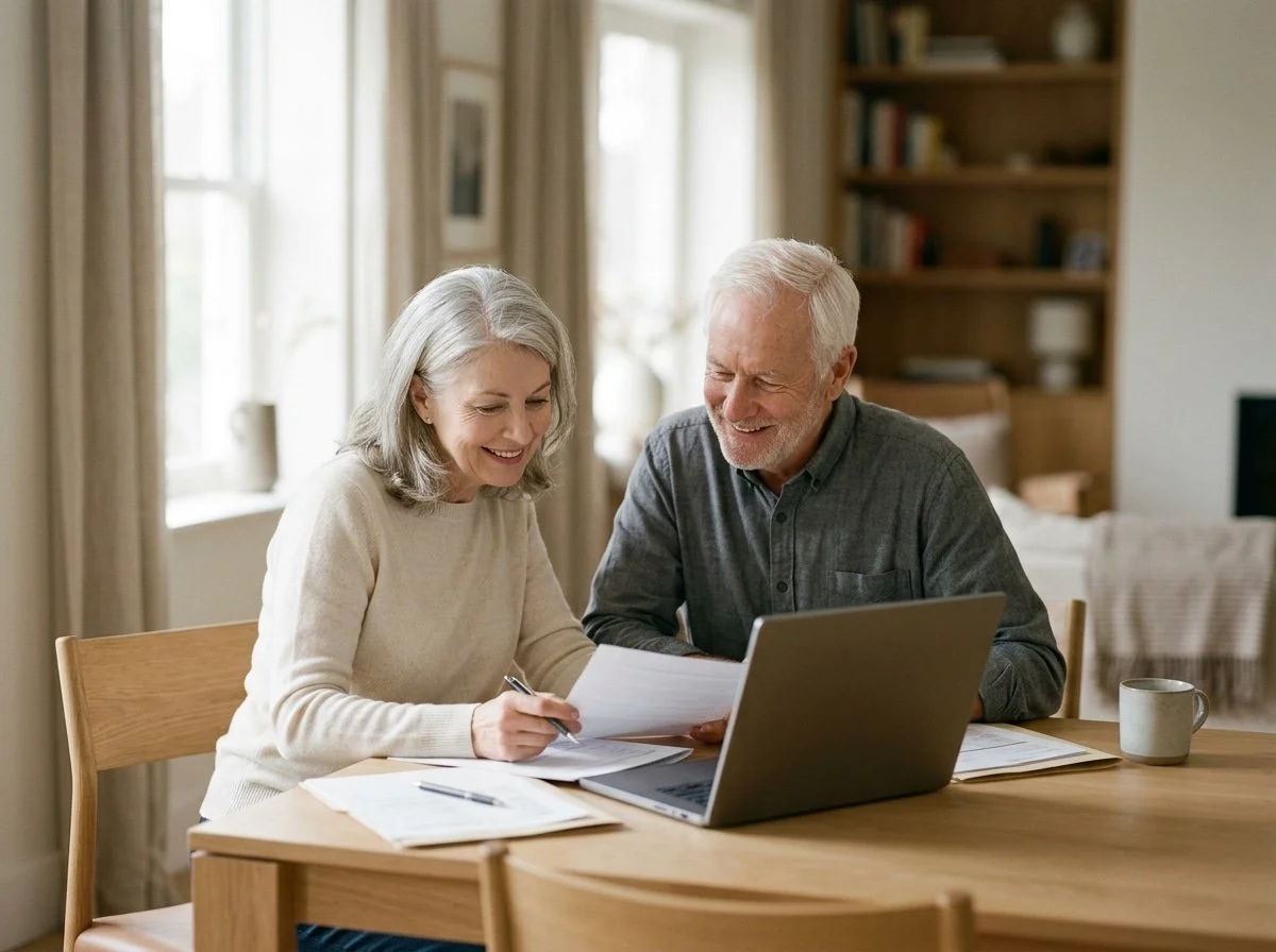a senior couple sits at a table reviewing their medicare plans.