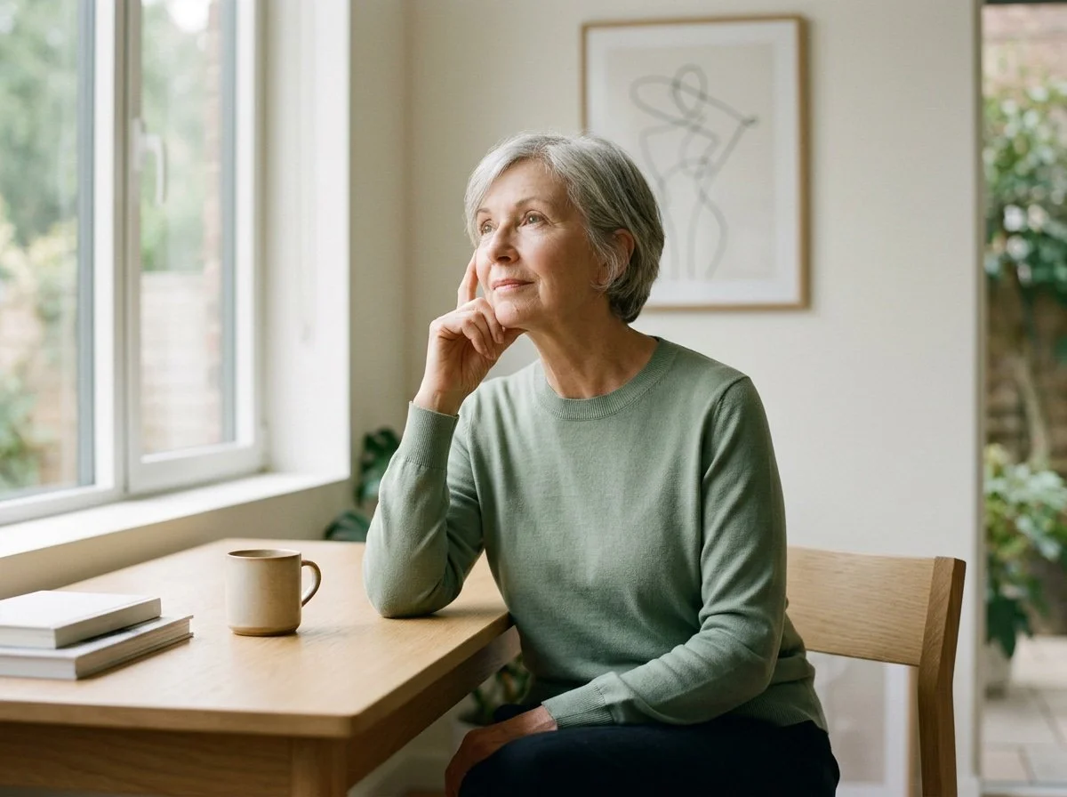 a woman wearing a green sweater sits at a table thinking about switching her medicare insurance.