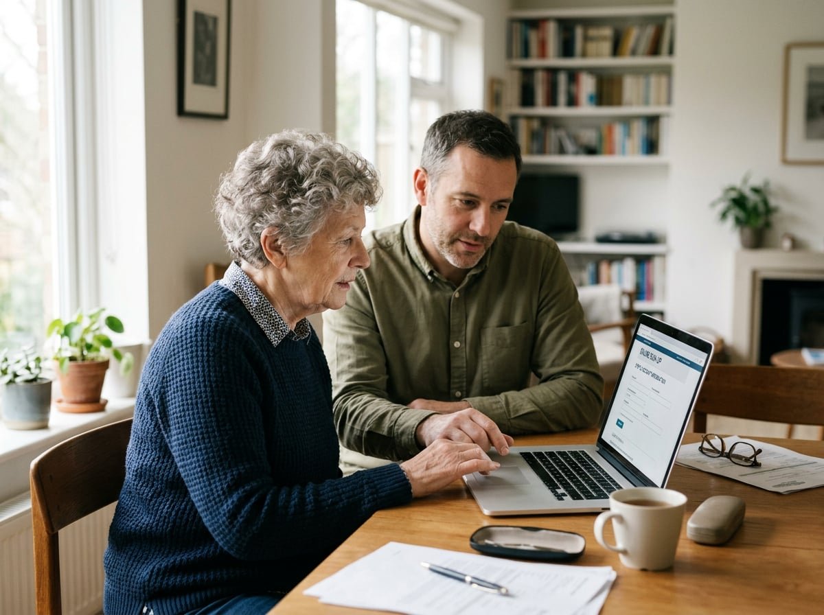 a woman and her son sit at a table looking at a computer and learning about Medicare.