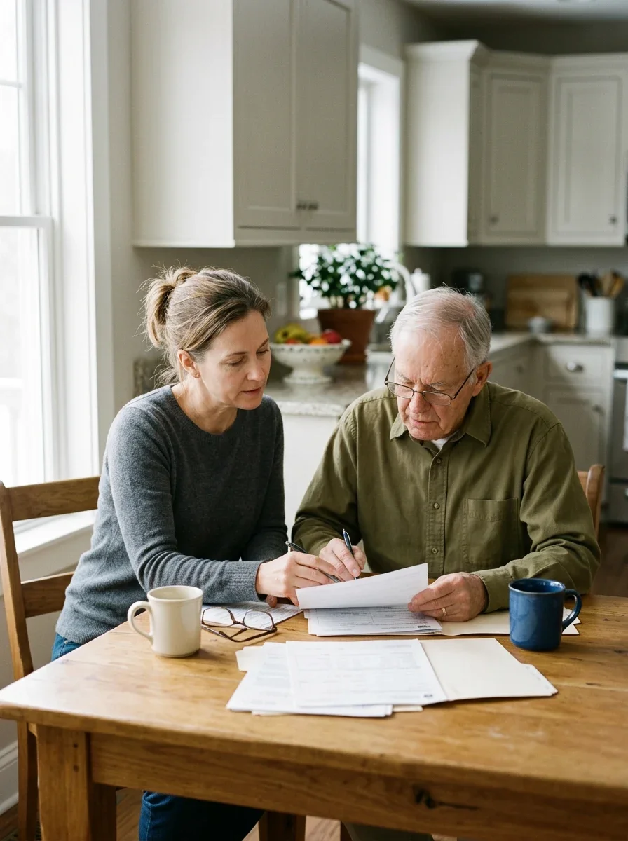 a woman and her father sit at a table discussing medicare plan options.