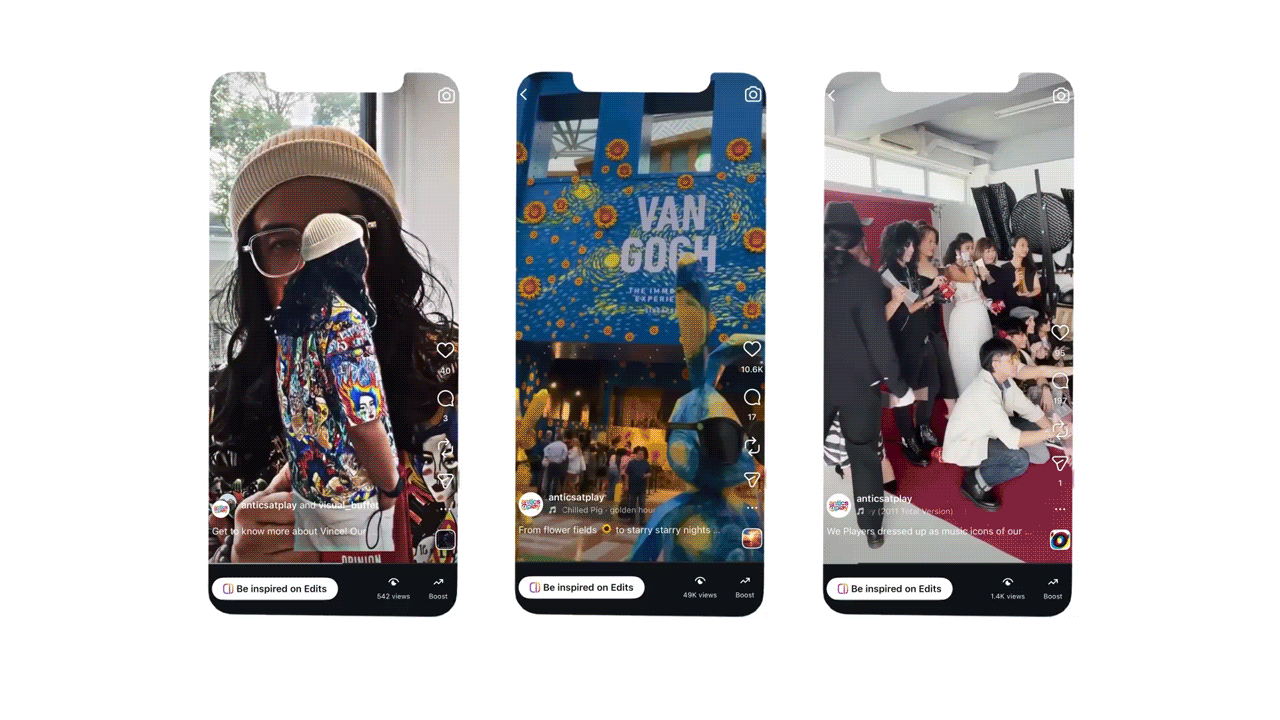 Three smartphone screens displaying videos or photos. The first shows a woman with a hat and glasses holding a mannequin, the second shows a Van Gogh exhibit with sunflower artwork, the third shows a group of people, some standing and some sitting, in a room with large windows.