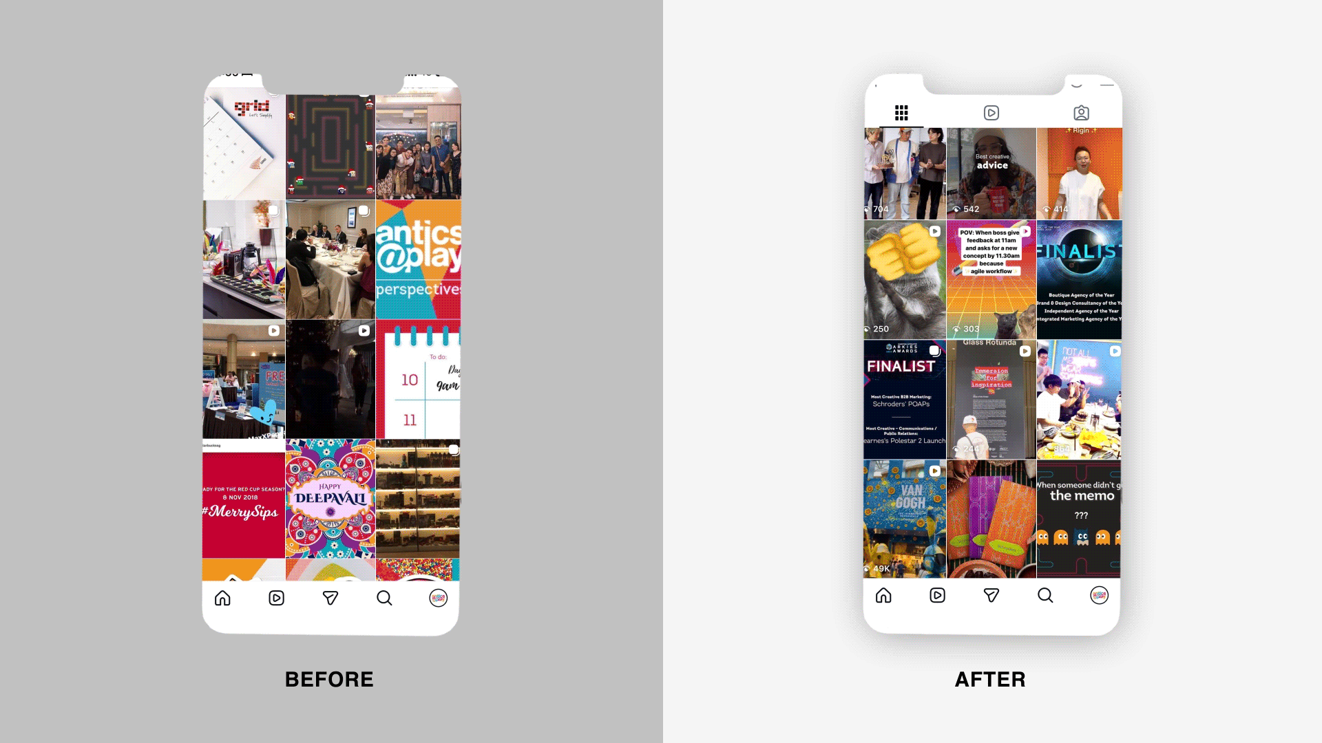 Comparison of two smartphone screens displaying Instagram feeds, labeled 'Before' and 'After', showing various photos and videos arranged in grid layout.