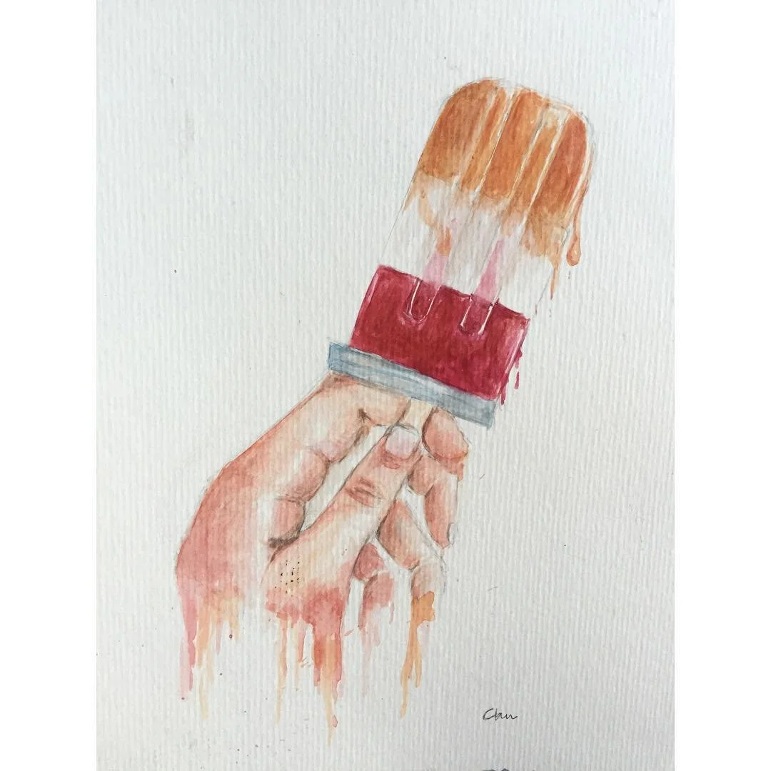 Watercolor painting of a hand holding a melting popsicle with orange, white, and red colors.