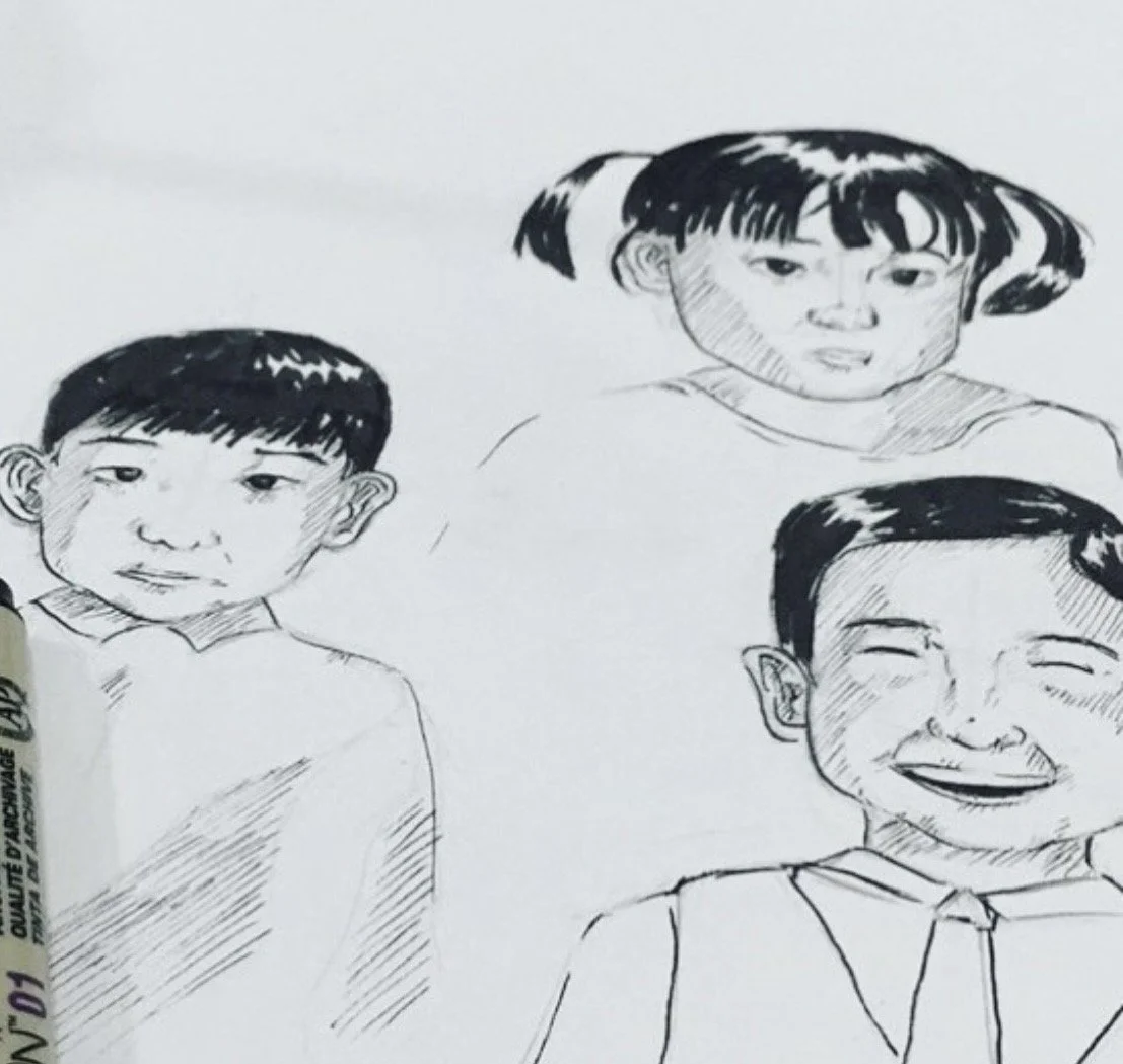 Black and white sketch of three children, two girls and one boy, with different facial expressions.