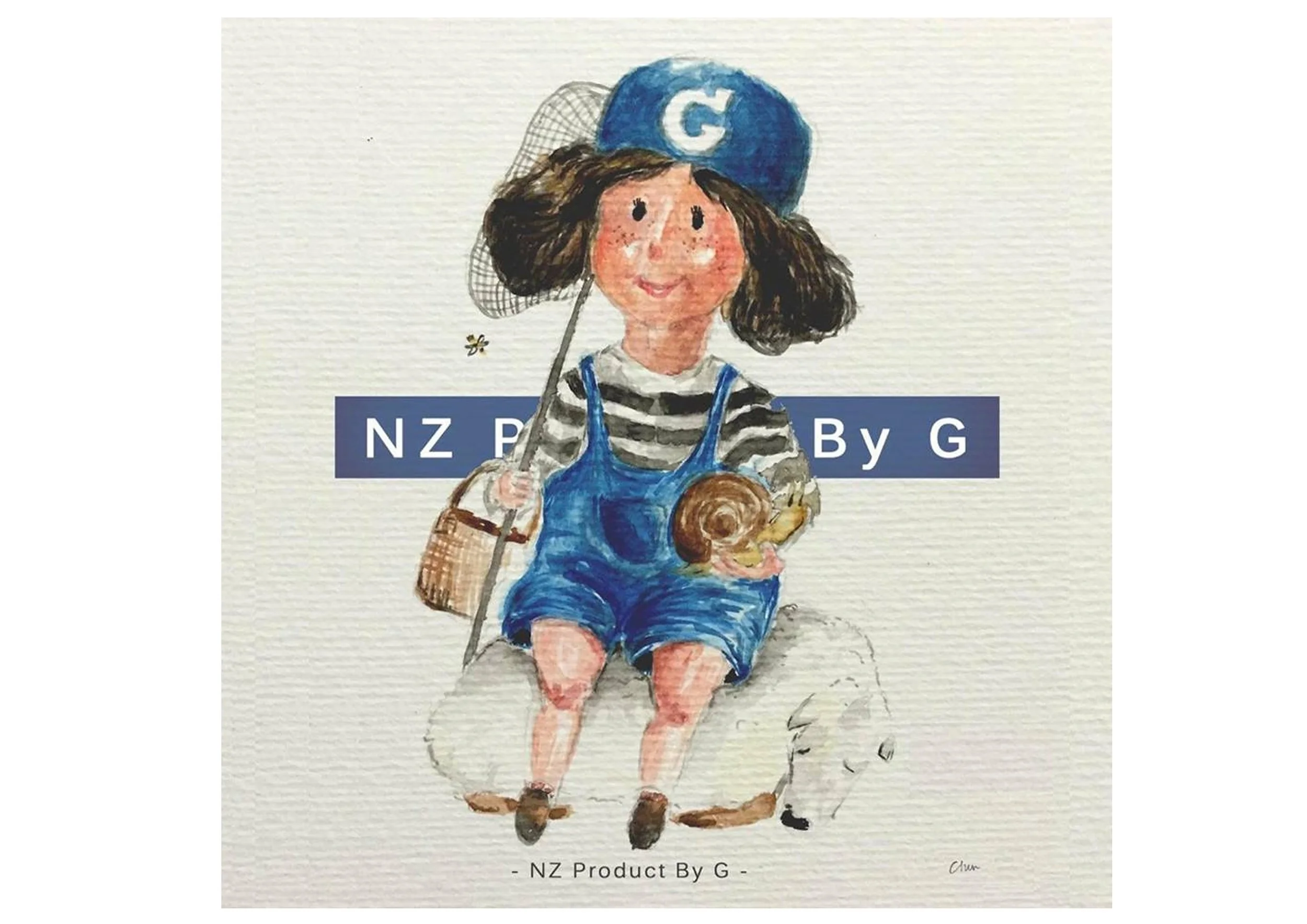 A hand-drawn watercolor illustration of a young girl with brown hair, wearing a blue cap with a white letter 'C', striped shirt, blue overalls, and holding a basket, sitting on a swing with a small bee nearby.