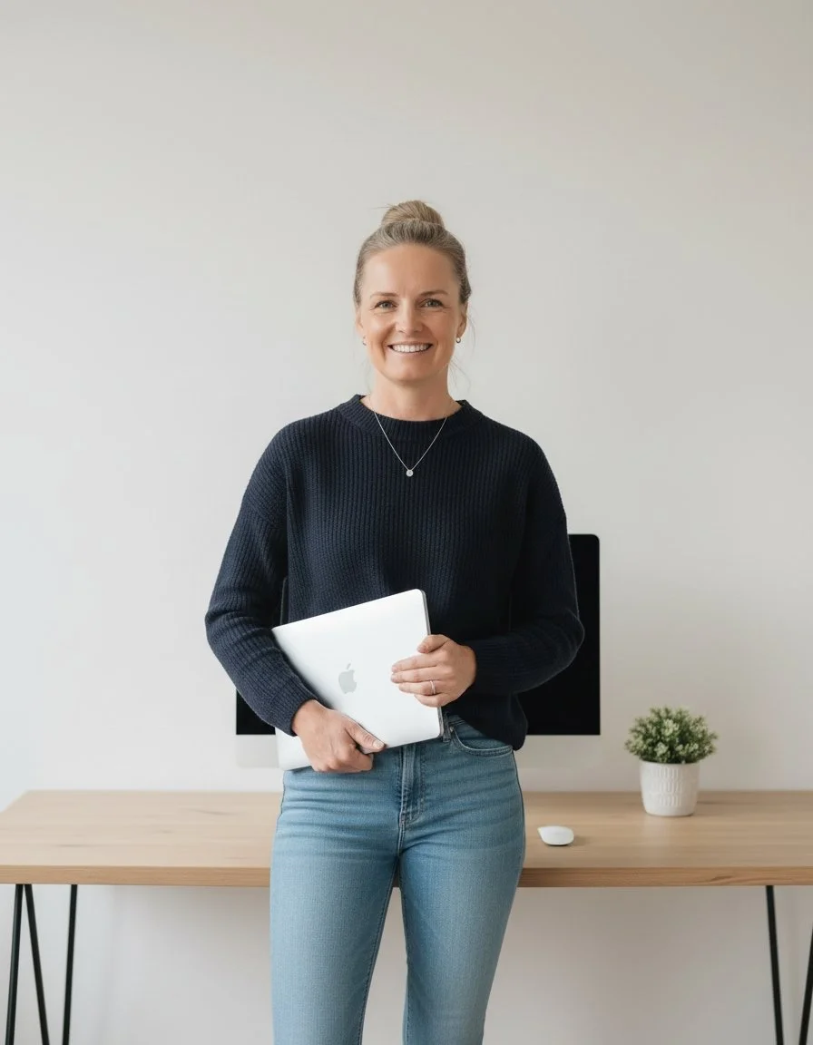A woman holding a silver MacBook, standing in front of a desk with a monitor, a white mouse, and a potted plant.