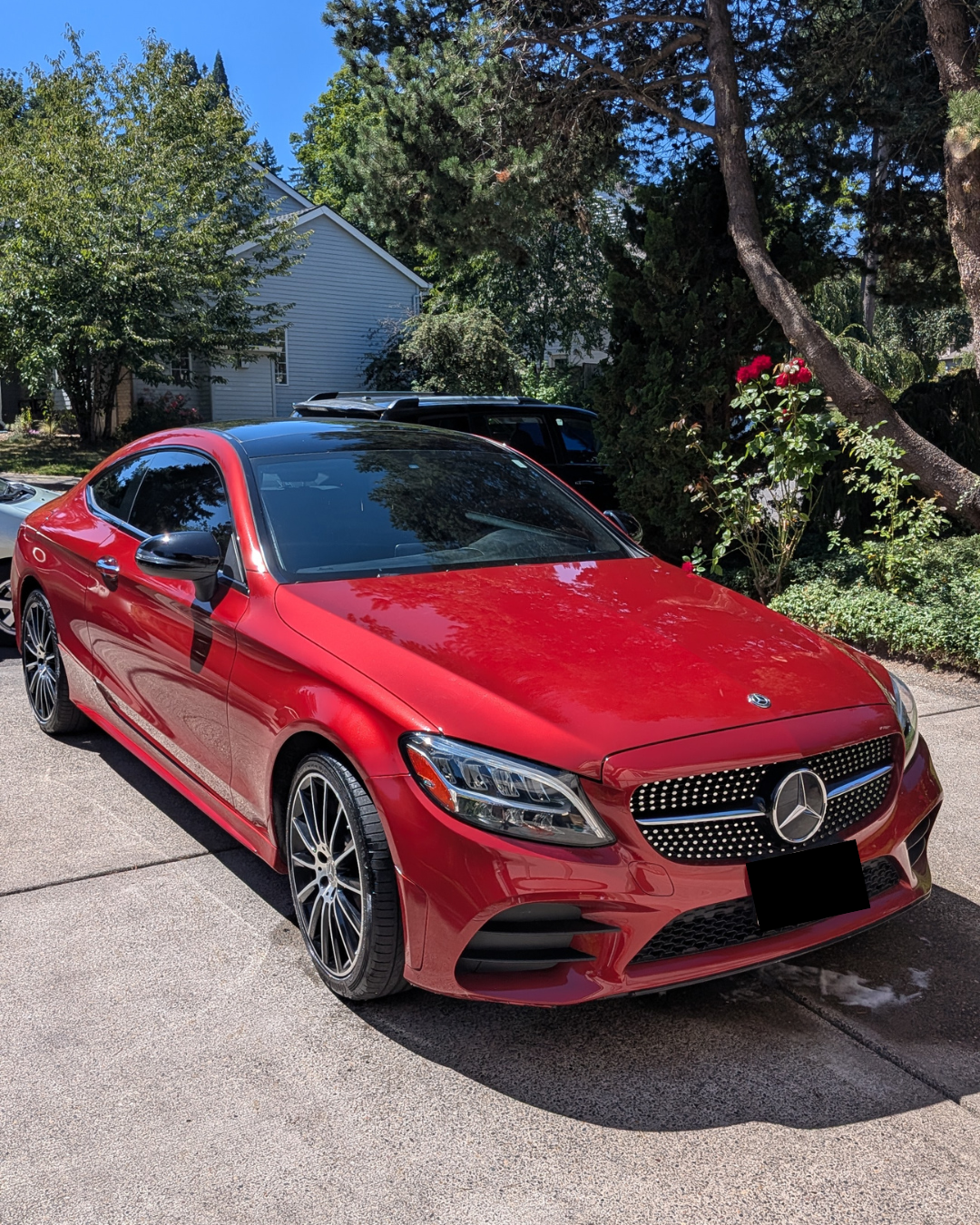 Red Mercedes-Benz coupe parked on a driveway in front of trees and a house.
