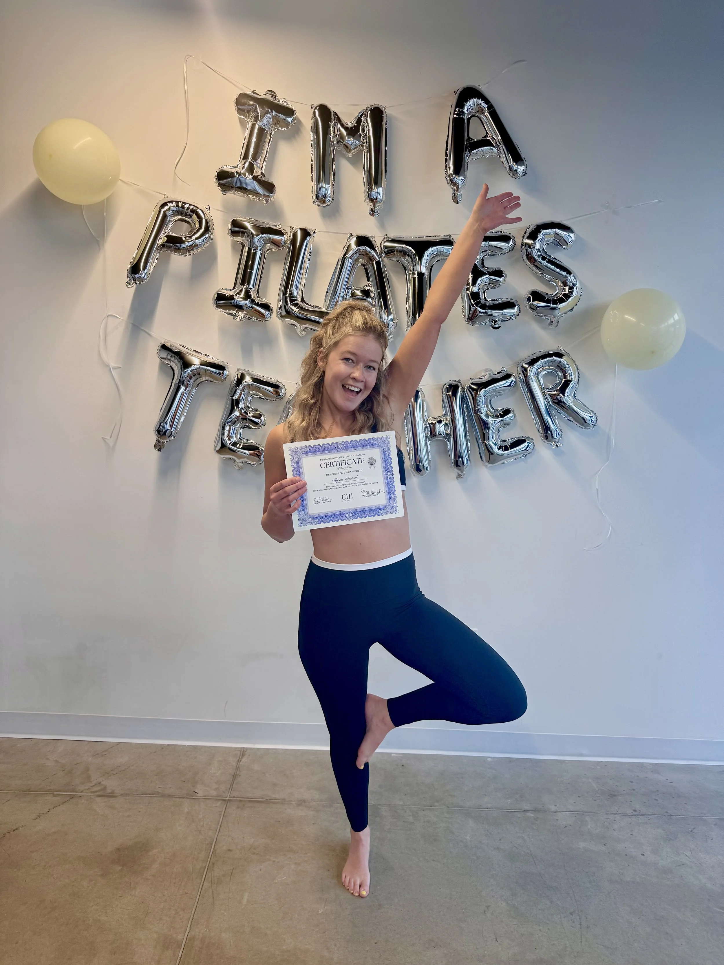 Alyson Hartrick, a certified mat Pilates instructor who just moved to Concord, NC and is certified in mat Pilates. She got her Pilates certification in May and moved to Concord NC where she teaches Pilates at Cynchrony Womens' Wellness in Concord.