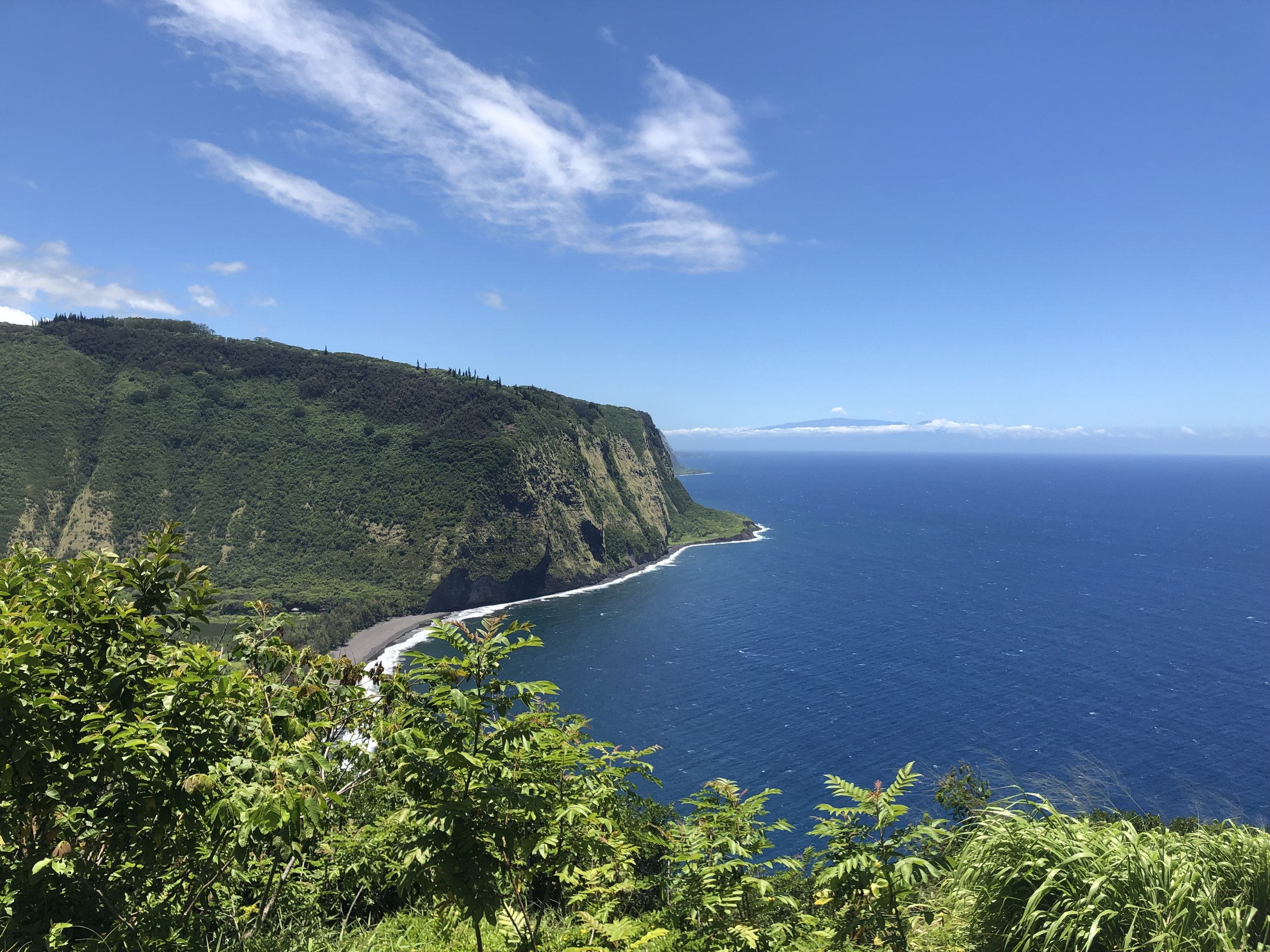 Cliffs along a coastline with lush green vegetation, blue ocean waters, and a partly cloudy sky.